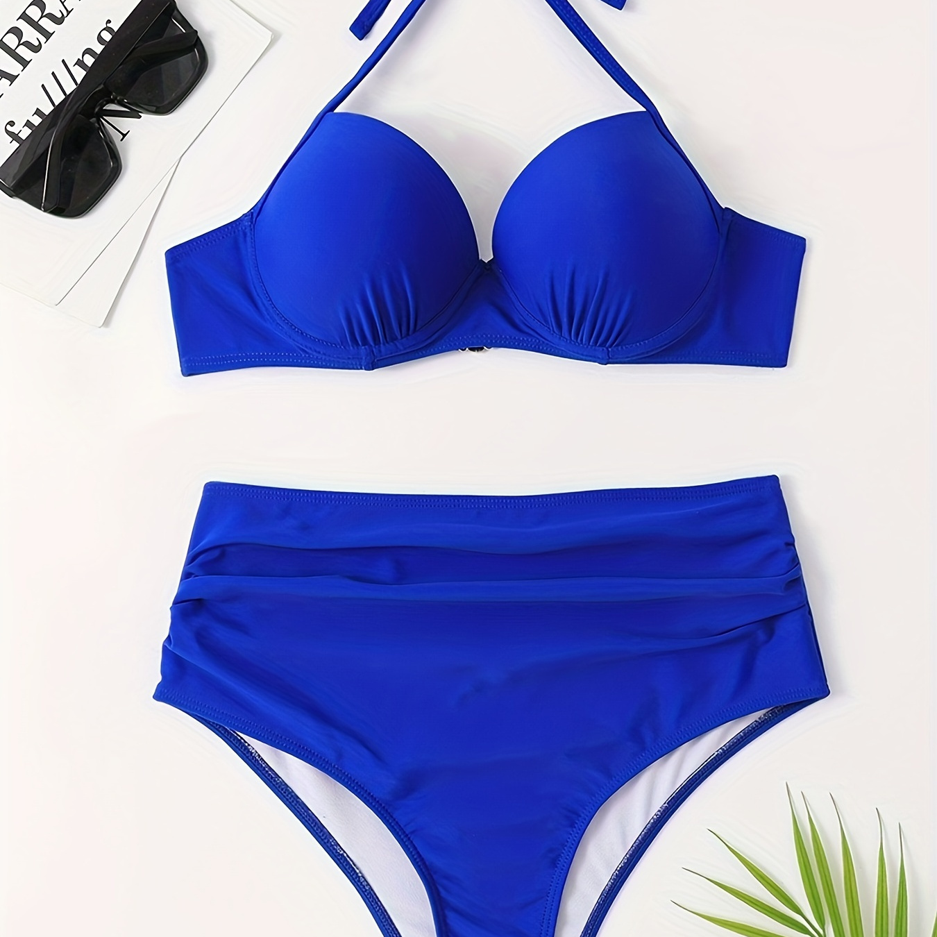 

Halter Ruched Solid Color 2 Piece Set Bikini, High Waist Tie Neck Stretchy Swimsuit For Beach Pool Bathing, Women's Swimwear & Clothing