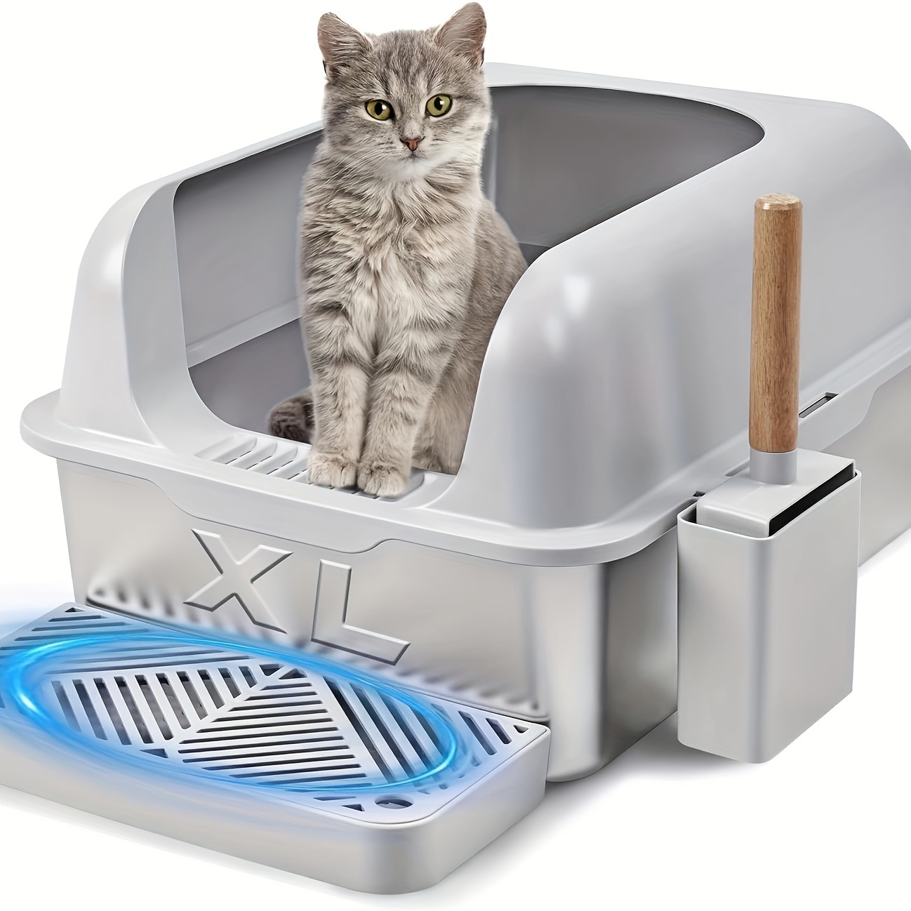 

Extra-large Stainless Steel Cat Litter Box With High Sides & Lid - Rust-resistant, Easy Clean, Includes Scoop & Mat