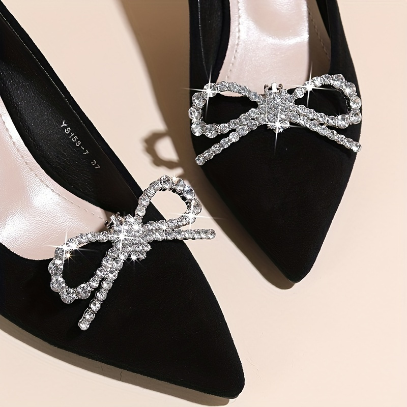 

1pair Fashion Silvery Bowknot Shoe Buckles Decorated With Rhinestones, Detachable Shoe Clips For High Heels, Flat Shoes