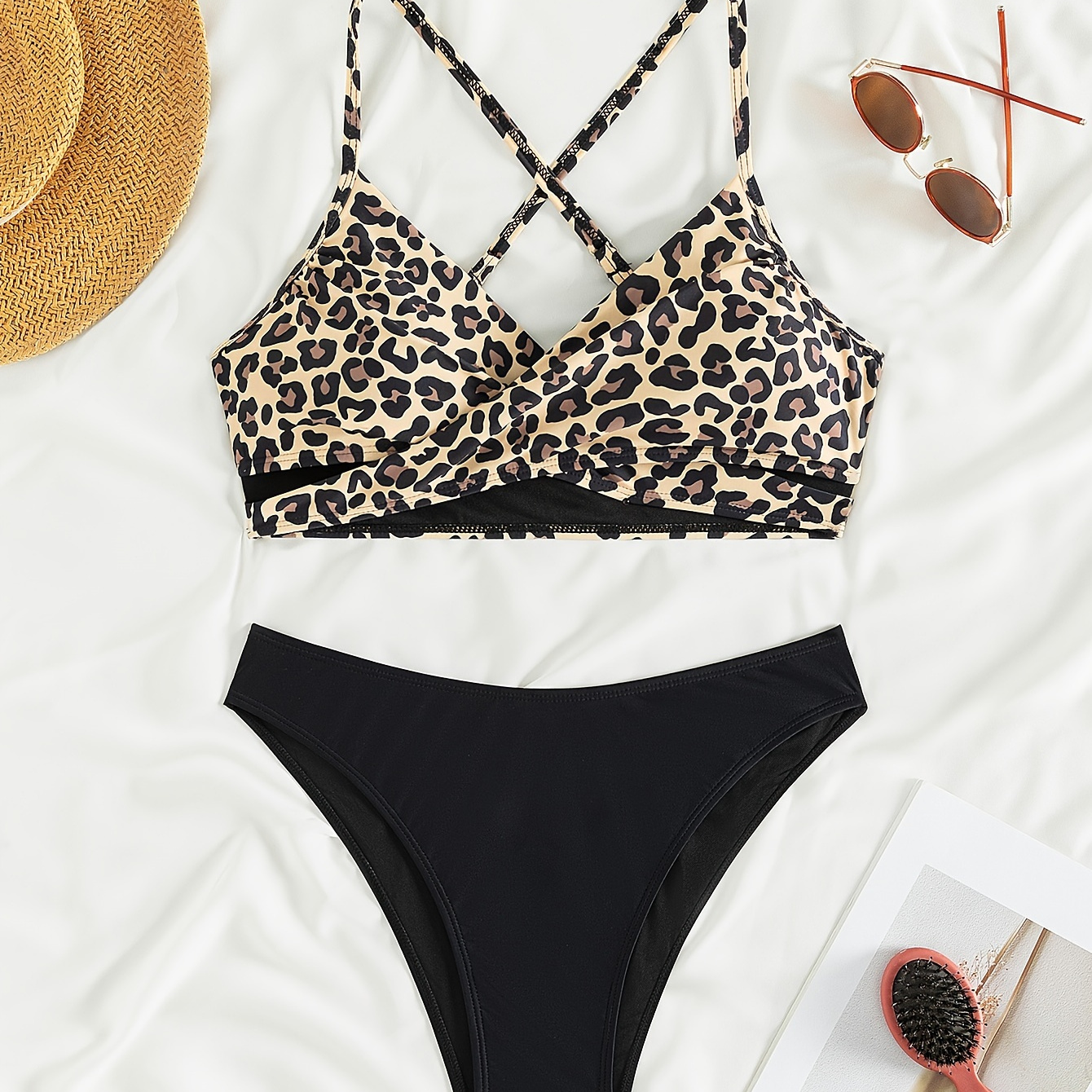 

Leopard Print Criss Cross V Neck 2 Piece Set Bikini, High Stretch Spaghetti Strap Stylish Swimsuits, Women's Swimwear & Clothing