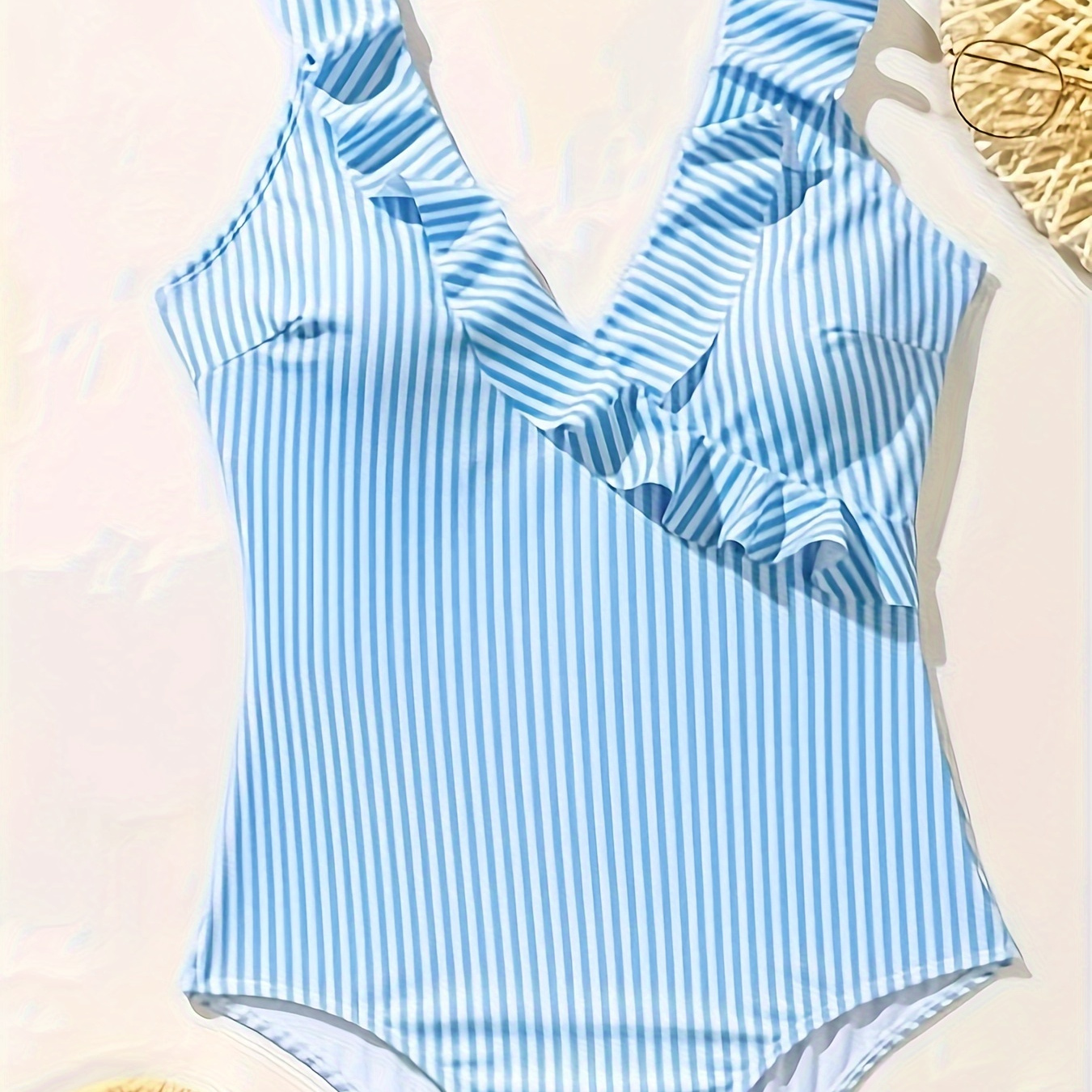 

Striped Print One-piece Swimsuit, Ruffle Hem Tummy Control High Cut Bathing Suits, Women's Swimwear & Clothing