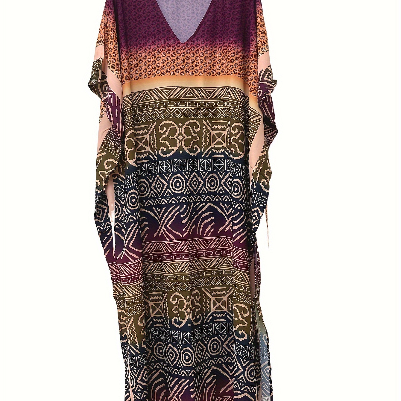 

Plus Size Boho Kimono, Women's Plus Tribal Print Batwing Sleeve V Neck Split Maxi Slight Stretch Cover Up Dress