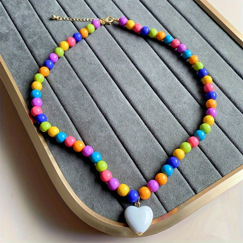 

Colorful Beaded Necklace With Heart Pendant, Trendy Bohemian Style, Women's Short Choker Neck Accessory, Handcrafted With Macaron Hues, Sexy Contrast-colored Round Beads Jewelry For Summer