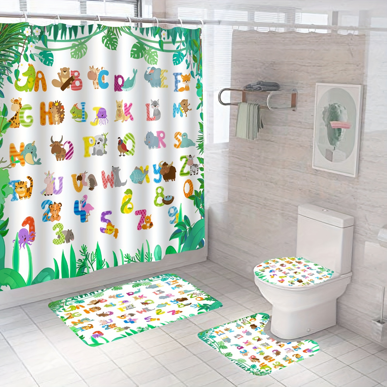 

Bathroom Set: 71x71in Shower Curtain, , Bath Mat, U-shaped Bath Rug, 12 Plastic - , ,