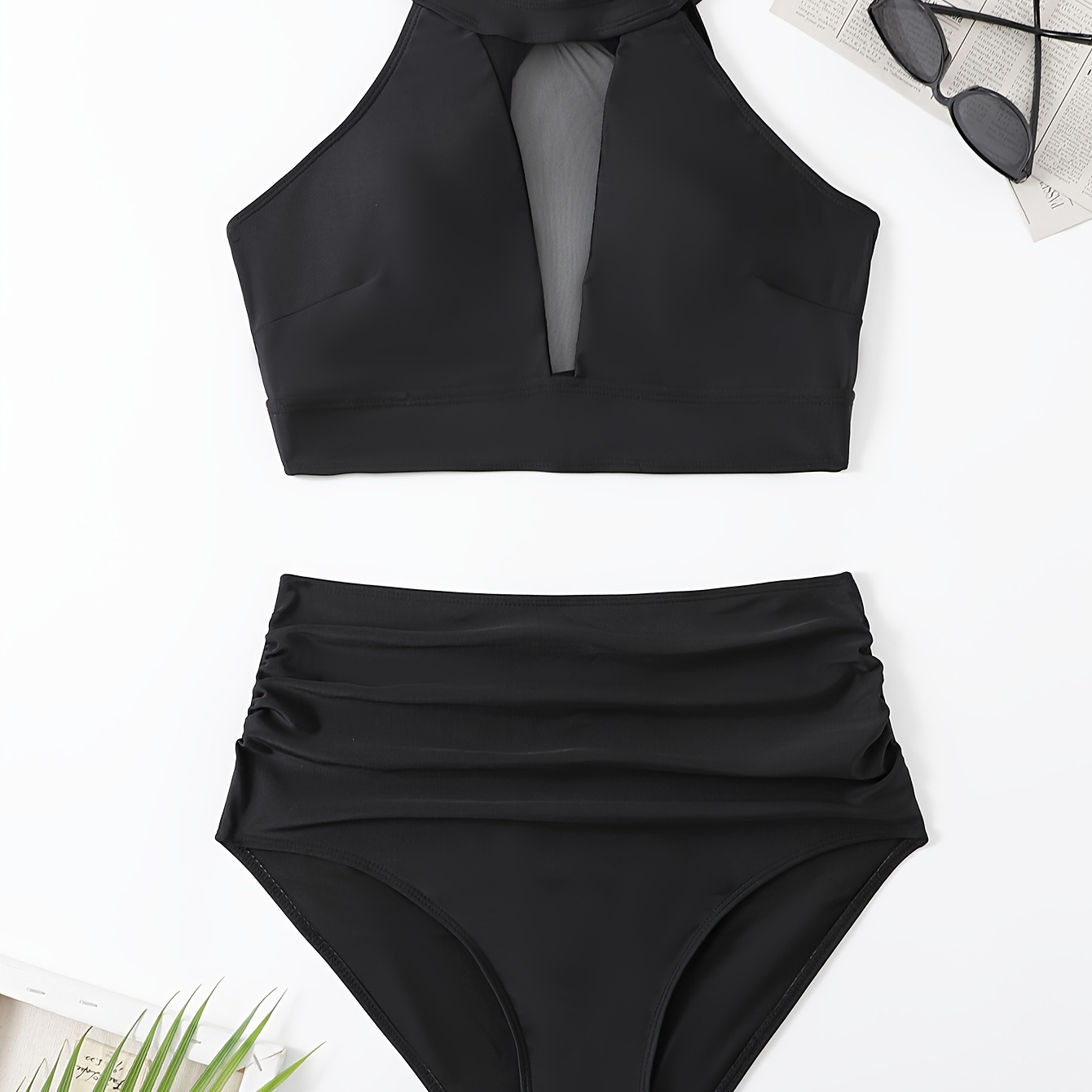 

Plus Size Sexy Bikini Set, Women's Plus Solid Contrast Mesh Halter Neck Bra & Panty Swimsuit 2 Piece Set