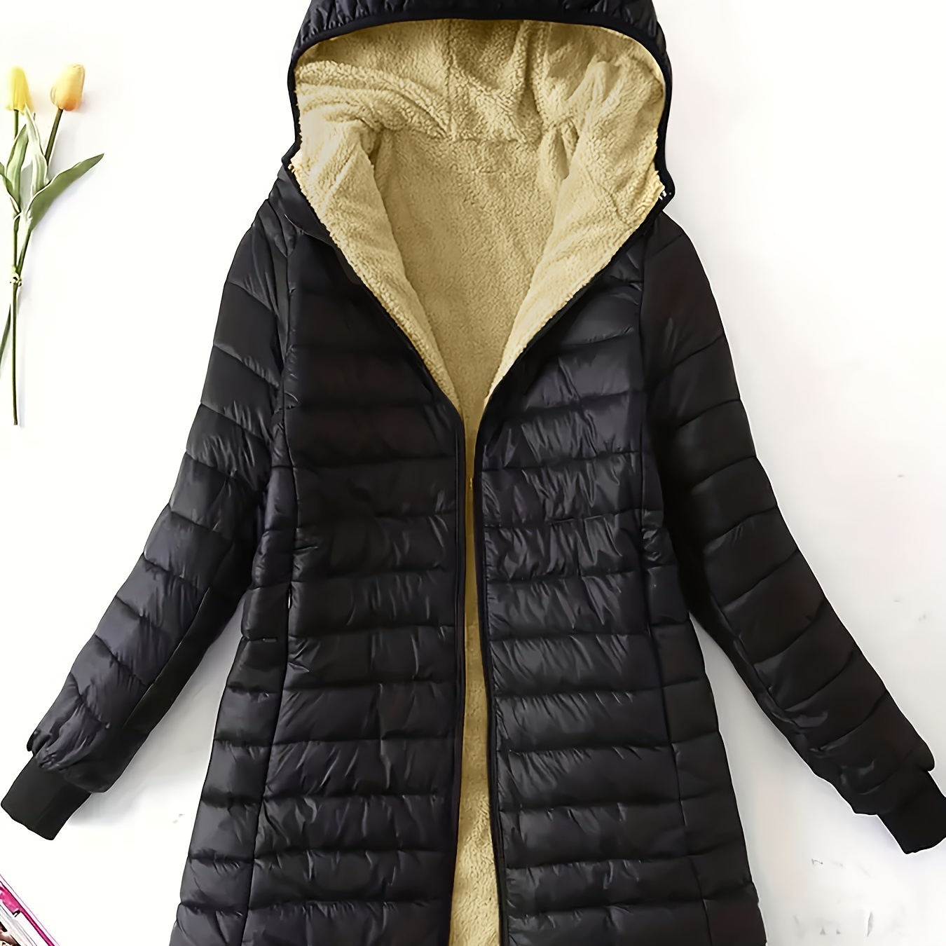 

Zip-up Puffy Hooded Coat, Casual Thermal Long Sleeve Coat For Fall & Winter, Women's Clothing