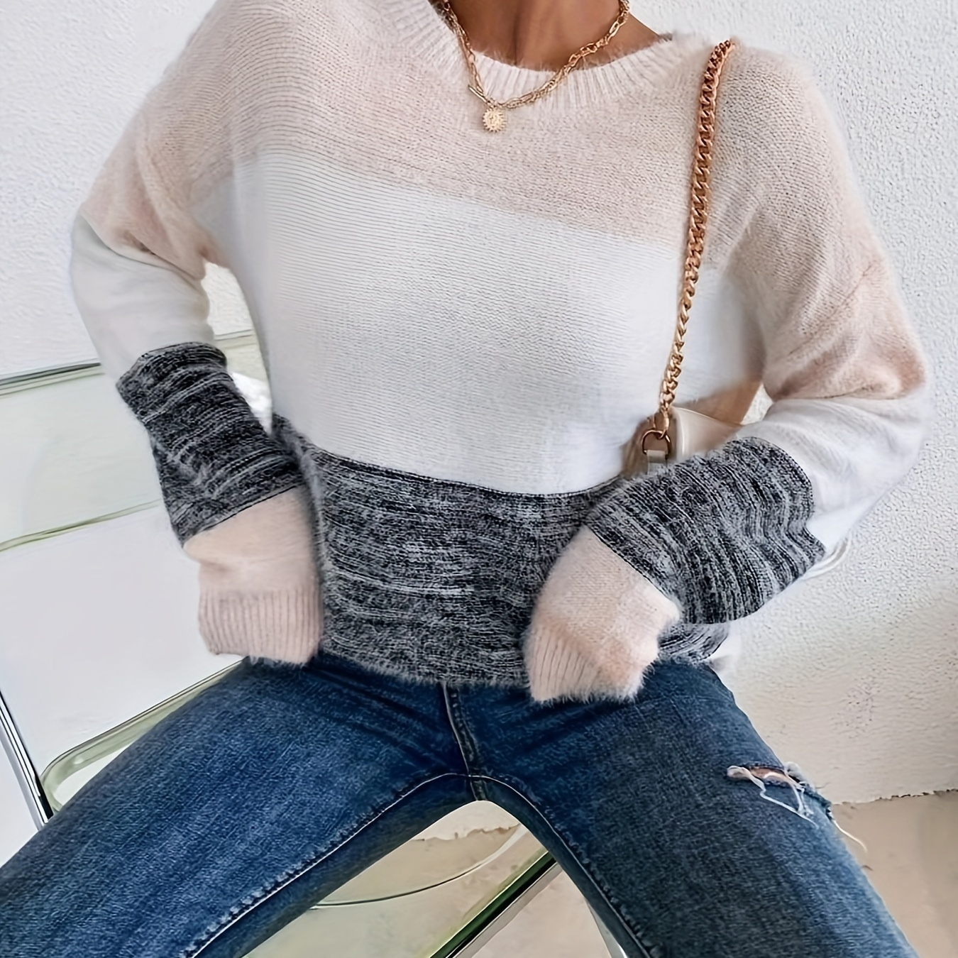 

Crew Neck Sweater, Elegant Drop Shoulder Long Sleeve Sweater For Fall & Winter, Women's Clothing