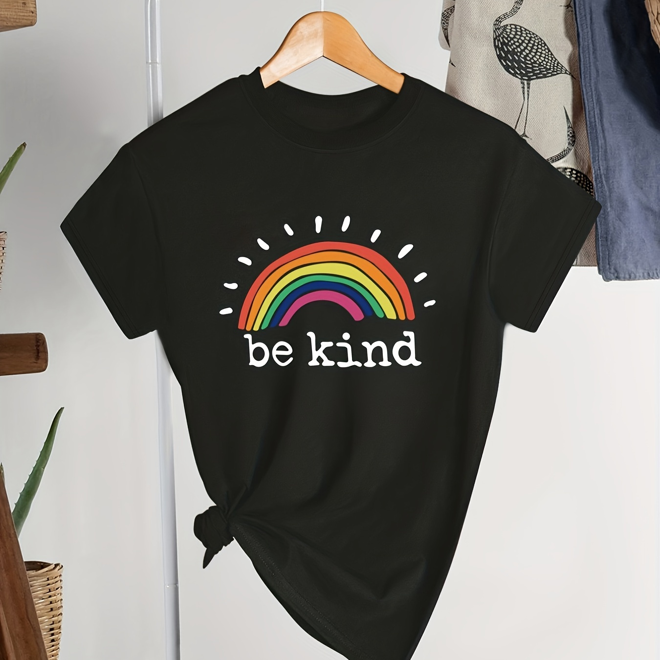 

Plus Size 'be Kind' Letter Print Short Sleeve T-shirt, Women's Plus Slight Stretch Round Neck Casual Tee