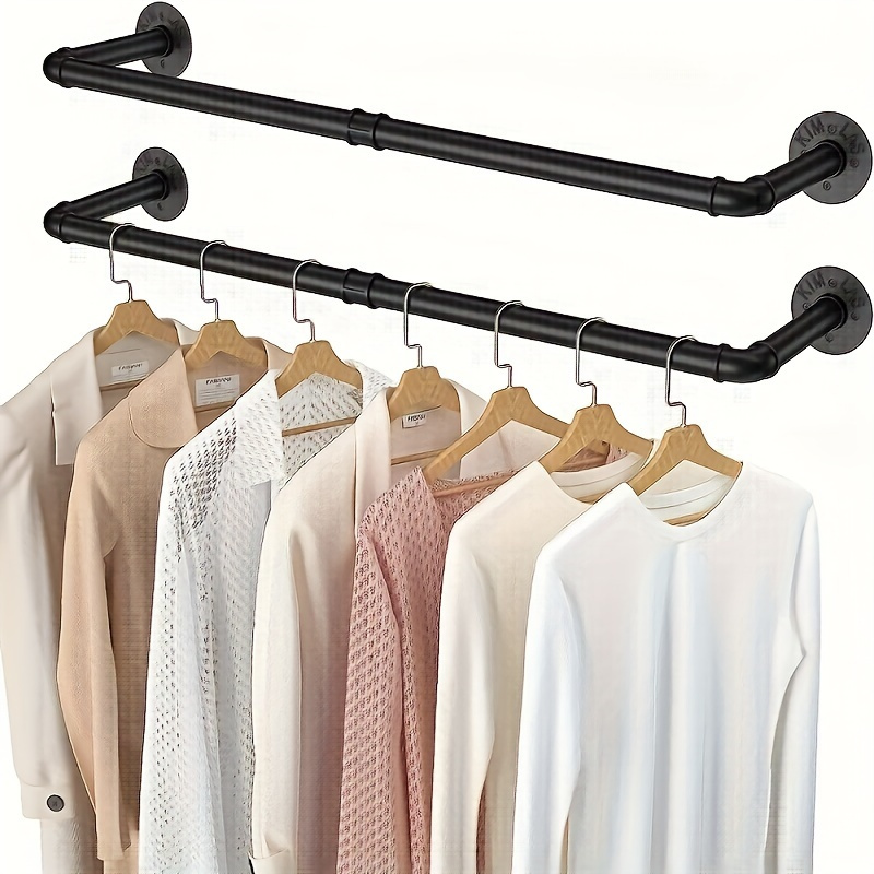 

2pcs Heavy-duty Industrial Pipe Clothing Display Racks - Wall-mounted Iron Garment Bars For Laundry, Bedroom, And Retail