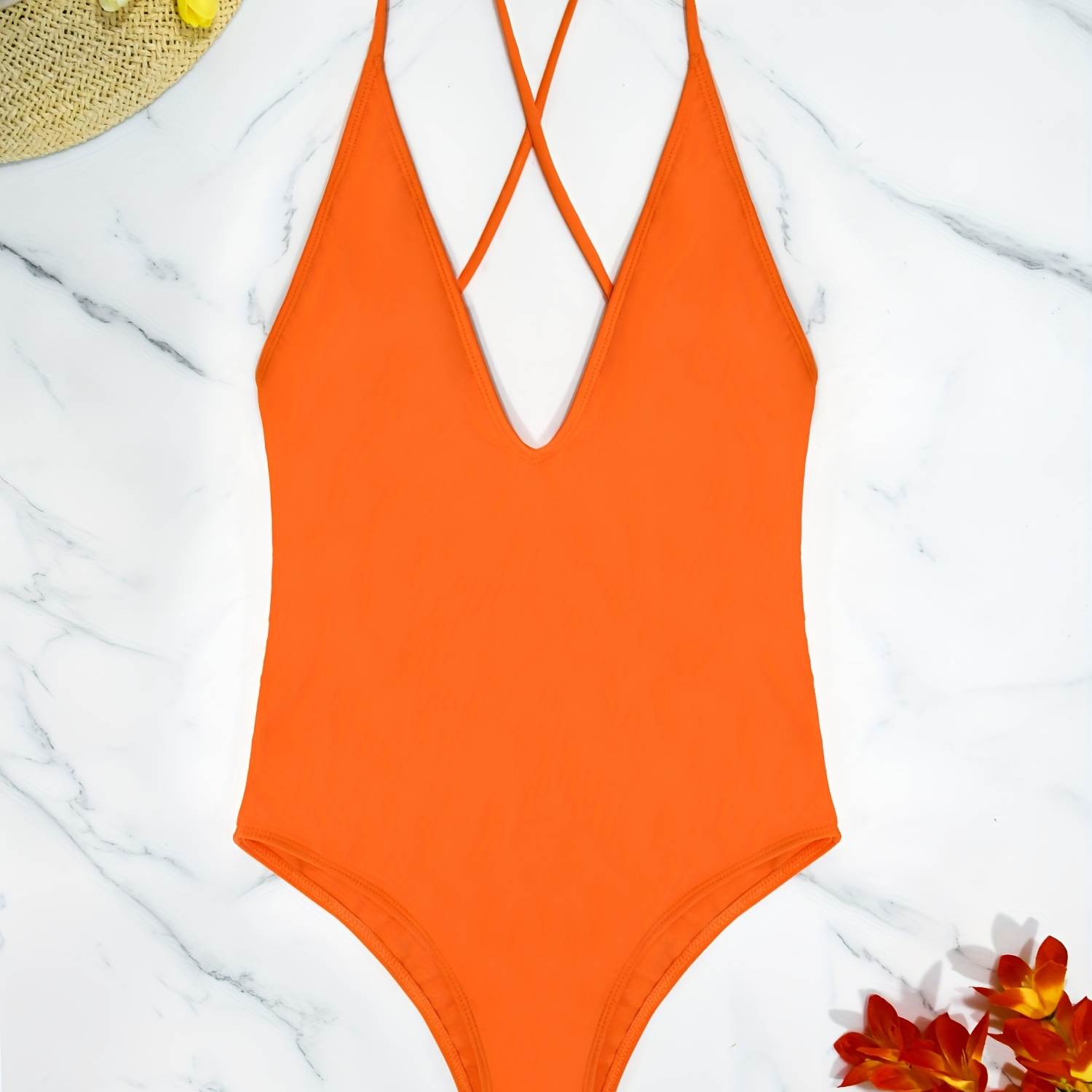 

Plain Deep V Neck Criss Cross One-piece Swimsuit, Tie Back Backless Stretchy Bathing Suits, Women's Swimwear & Clothing