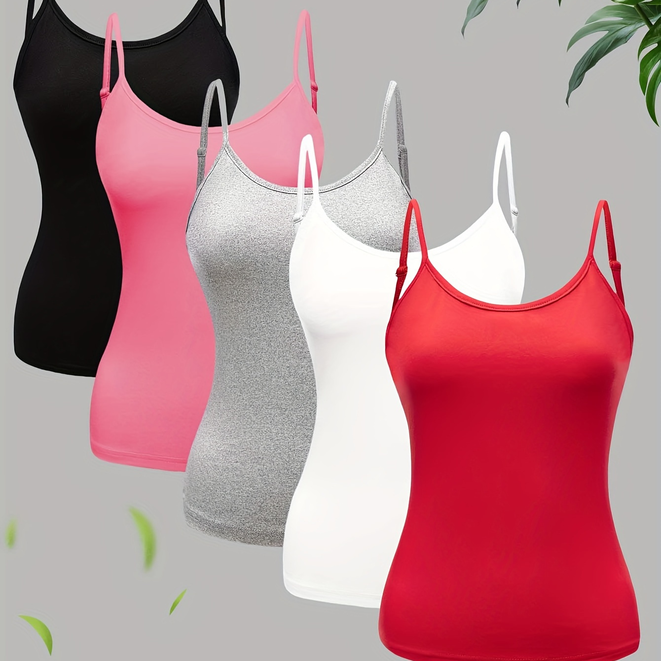 

5 Pack Solid Color Cami Top, Versatile Crew Neck Spaghetti Strap Top For Summer, Women's Clothing