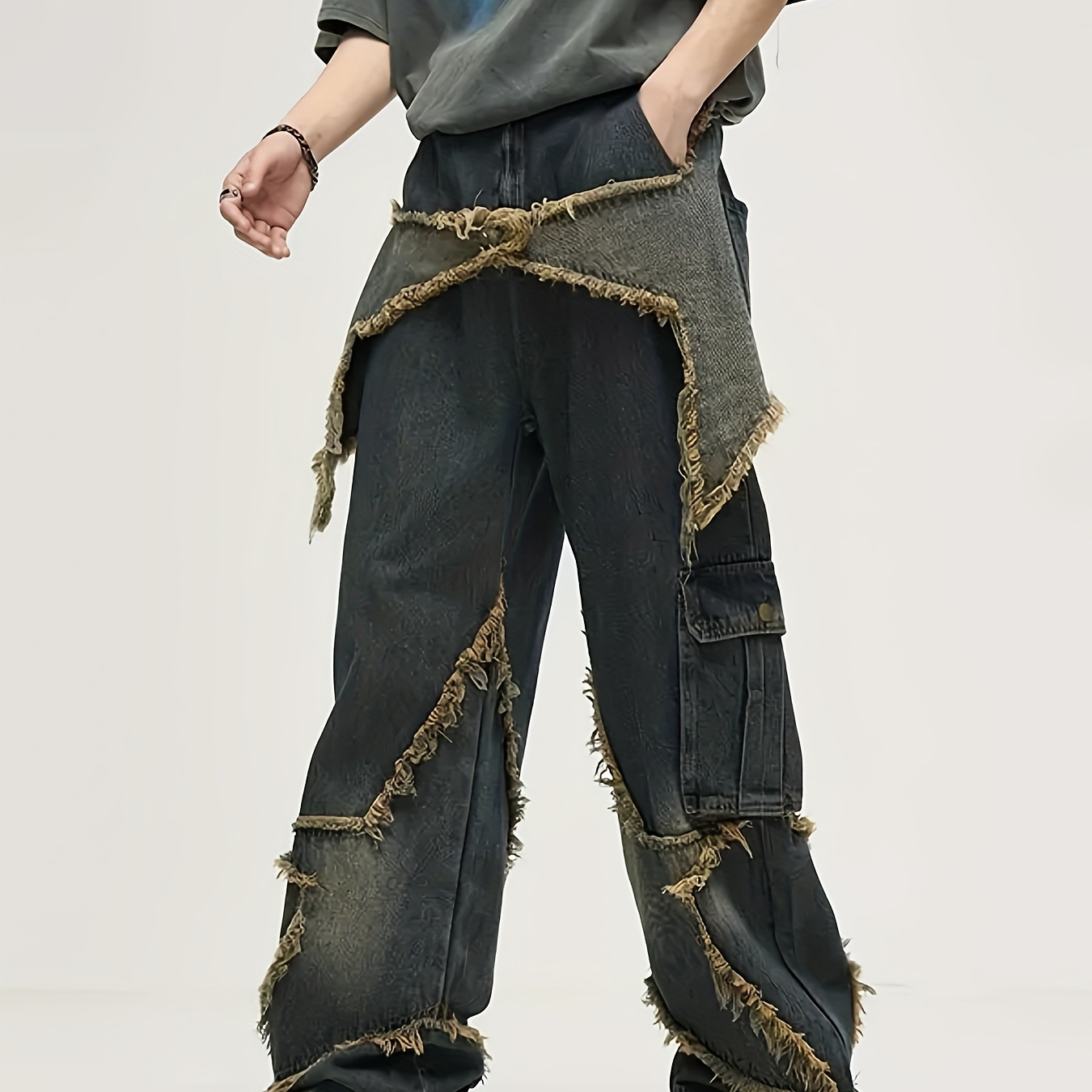 

Yasuyuan Men's Casual Loose Fit Jeans, Street Style Raw Trim Denim Pants Baggy Jeans