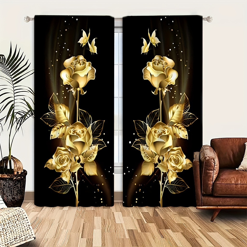 

2pcs Set Golden Rose & Privacy Curtains - Semi-transparent, Fade-resistant For Living Room & Bedroom Decor