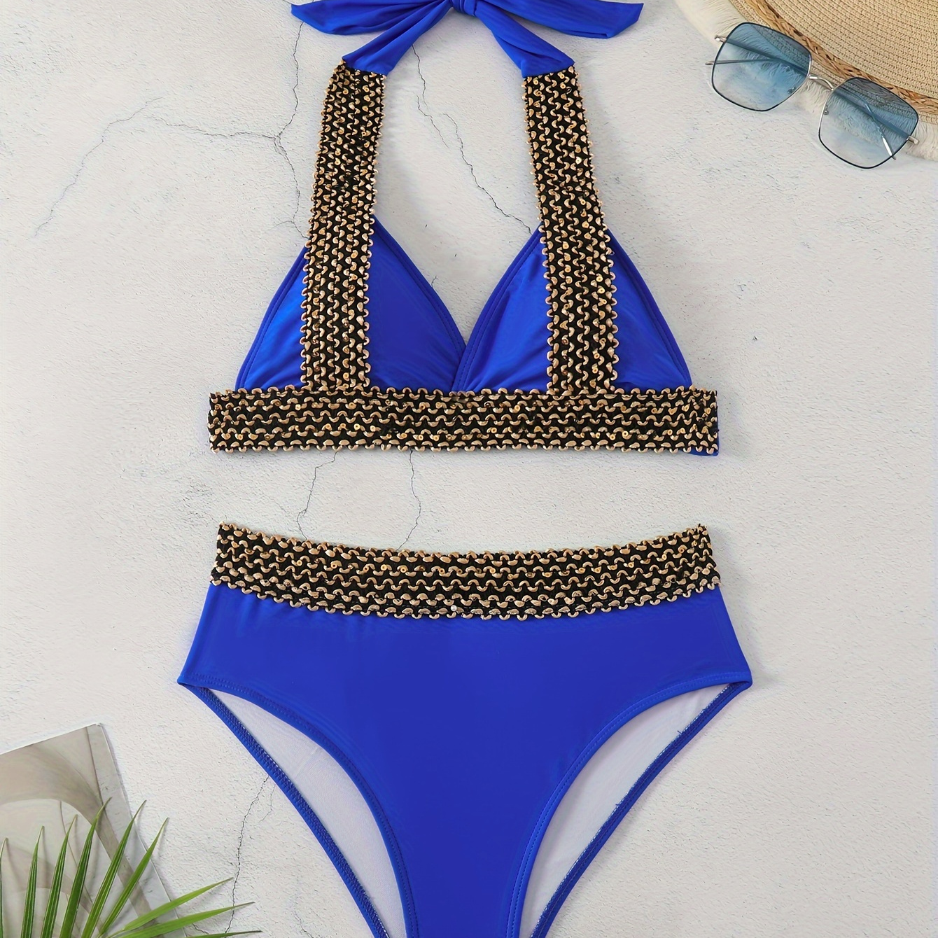 

Contrast Band 2 Piece Set Bikini, V Neck Stretchy High Cut Swimsuits, Women's Swimwear & Clothing
