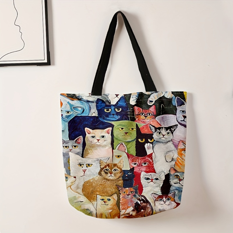 

Women's Polyester Tote Bag | Colorful Cartoon Cat Print | Reusable & | Multi-use Shoulder Handbag For Shopping And Everyday Use, Casual Carryall | | Colorful Print Bag, Novelty Purse