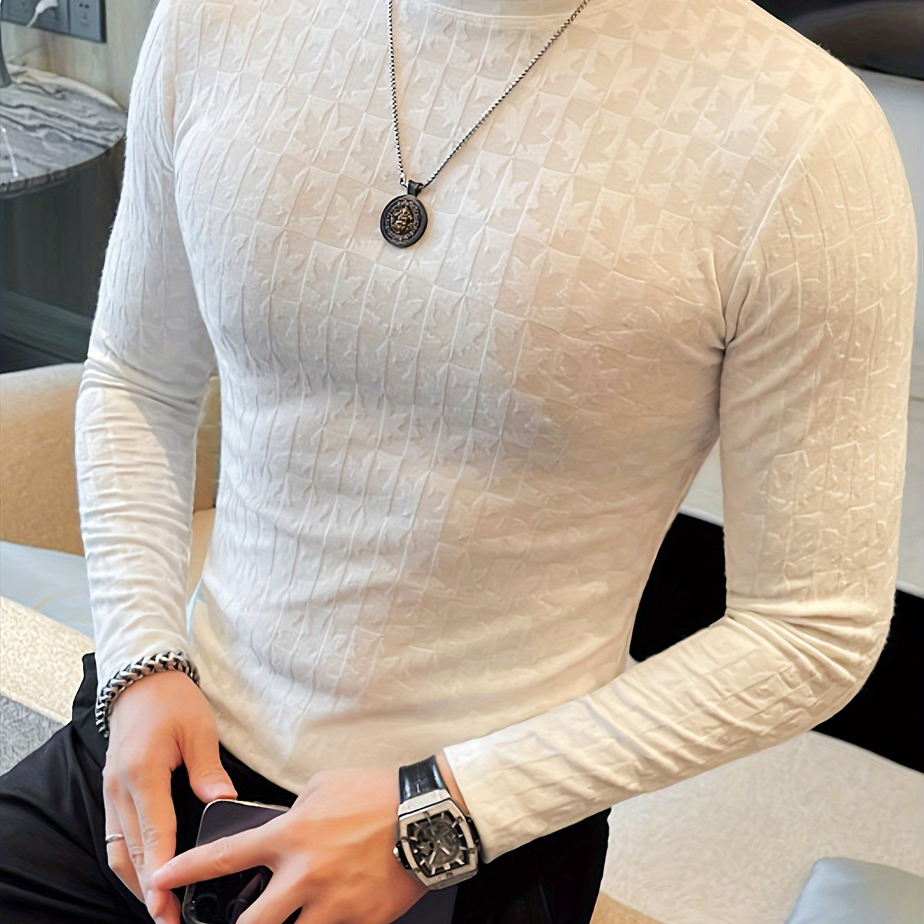 

Men's Casual High Neck Long Sleeve T-shirt - 100% Polyester Layer Top - Casual High Stretch Knit Fabric For Daily & Weekend Wear - Fall/ Pullover