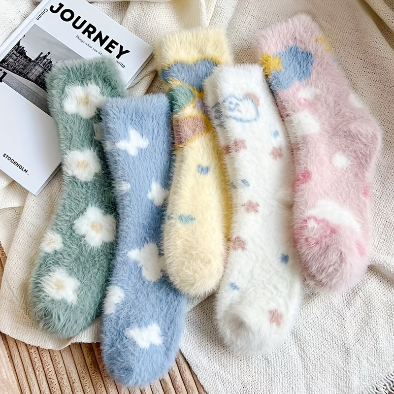 

5 Pairs Cartoon Cloud Fleece Socks, Cute & Warm Fuzzy Socks For Fall & Winter, Women's Stockings & Hosiery