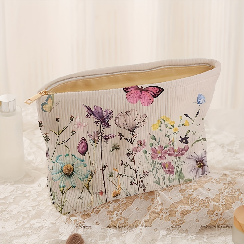 

Flower Butterfly Pattern Corduroy Makeup Bag Travel Cosmetic Pouch Zipper Make Up Organizer Toiletry Bag For Women Gifts Spring Summer Travel Essentials