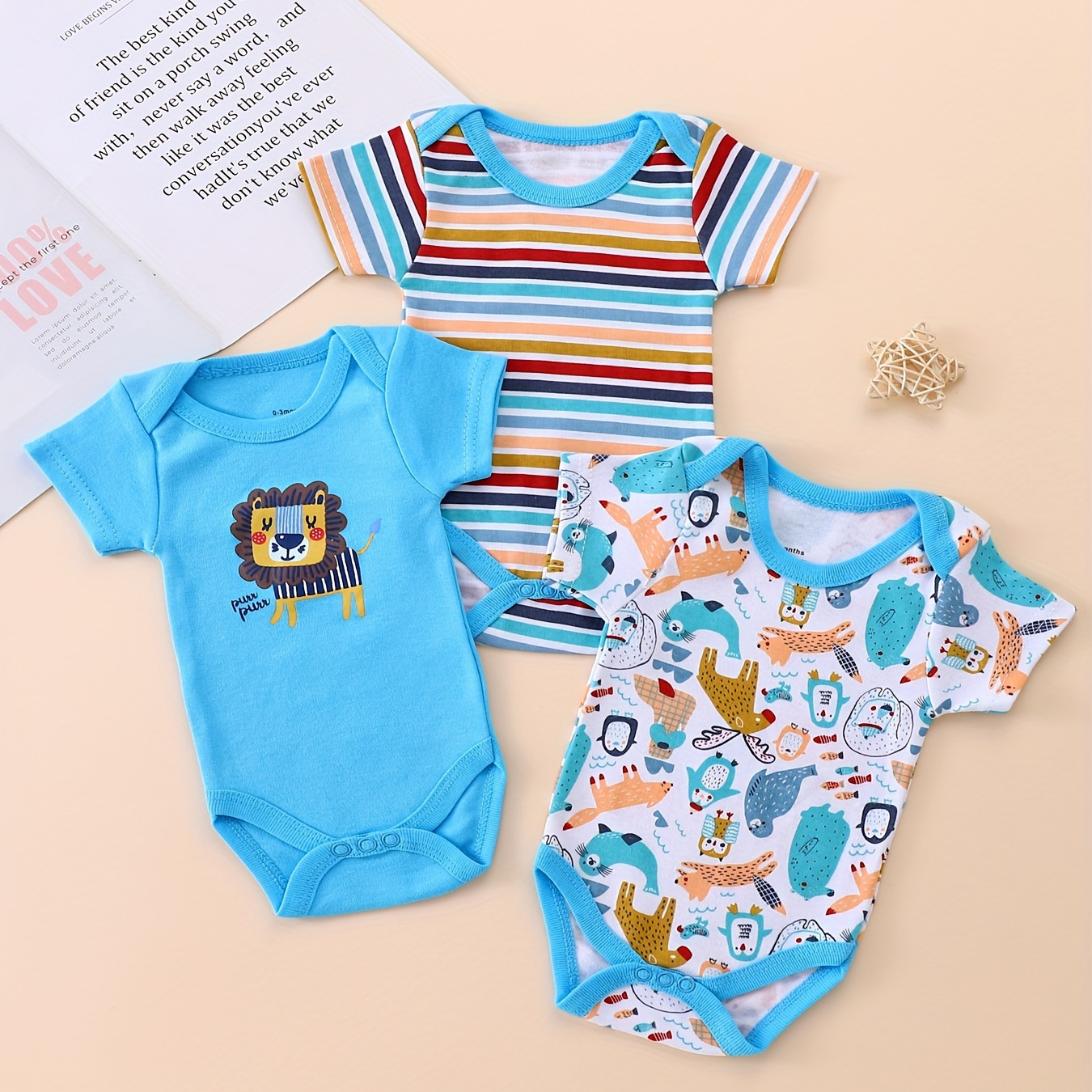 

3-pack Baby Boy;s Short Sleeve 100% Cotton Onesies, Cute Lion & Animal Print Bodysuits, Summer Infant Rompers - Adorable Style