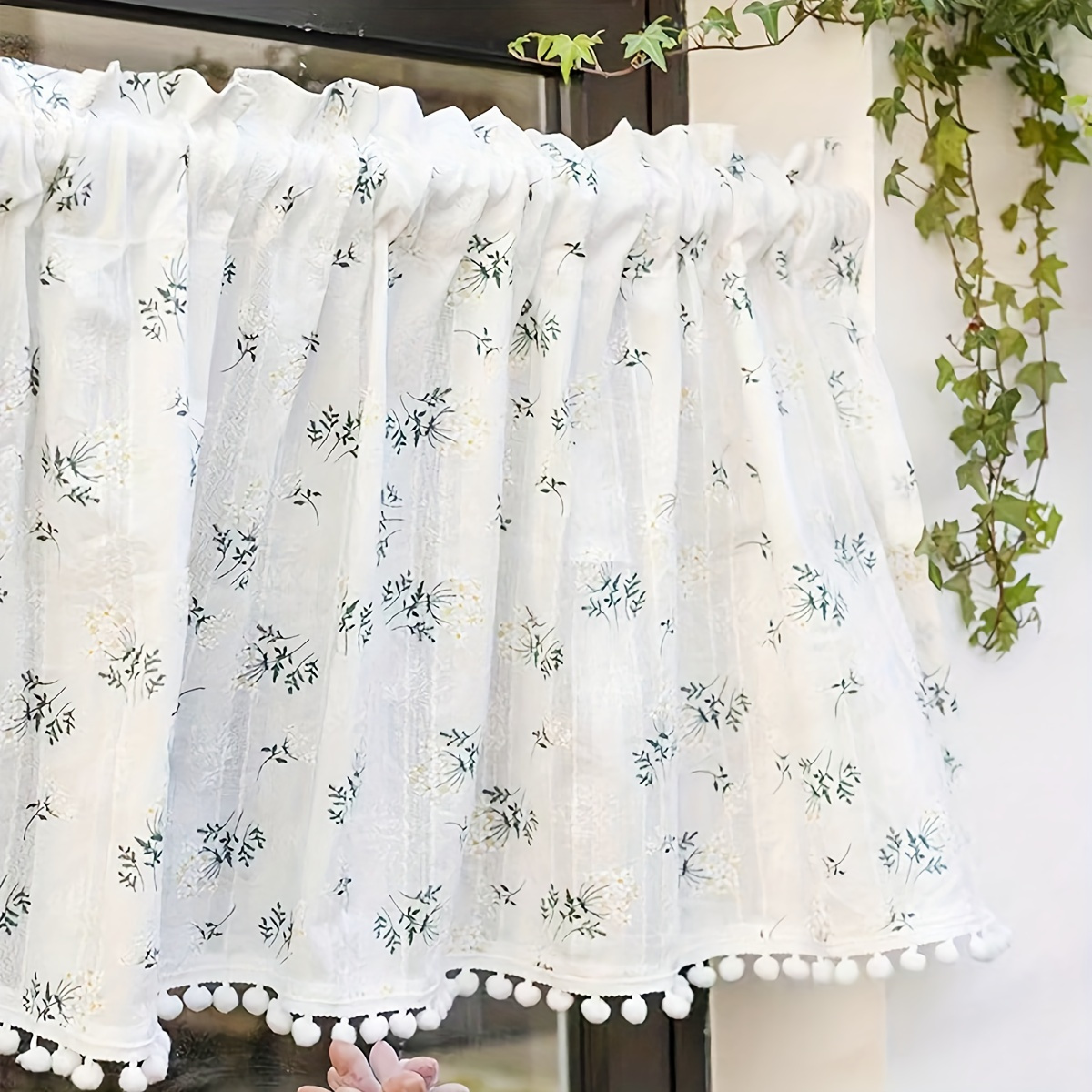 

1pc French Country Floral Semi-sheer Curtain With Pom-poms - Machine Washable, Light Filtering Polyester Valance For Kitchen & Bedroom, Rod , Kitchen Curtains