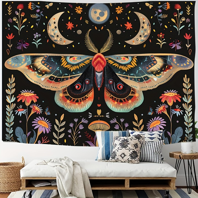 

1pc Butterfly Moon Flower Pattern Tapestry, Wall Hanging Tapestry, For Bedroom Dorm Living Room Home Decor, With Free Accessories