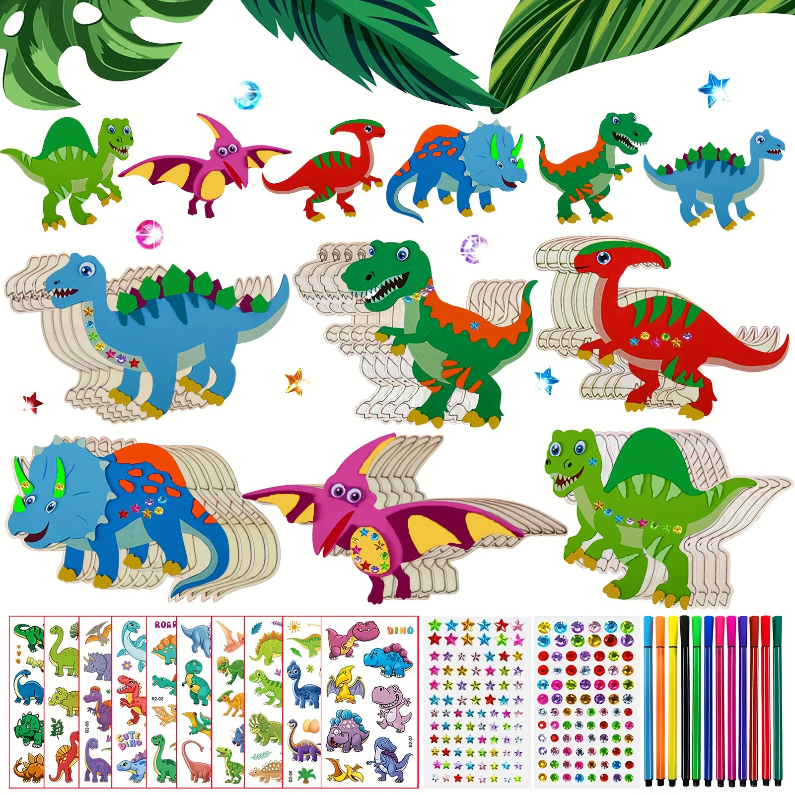 

246-piece Kids Craft Kit, Wooden Dinosaur Painting Set For 6-12, Diy Arts & Crafts, Includes 30 Wood Pieces, 202 Gems, 12 Colored Pencils, 2 Sticker Sheets, Favors For