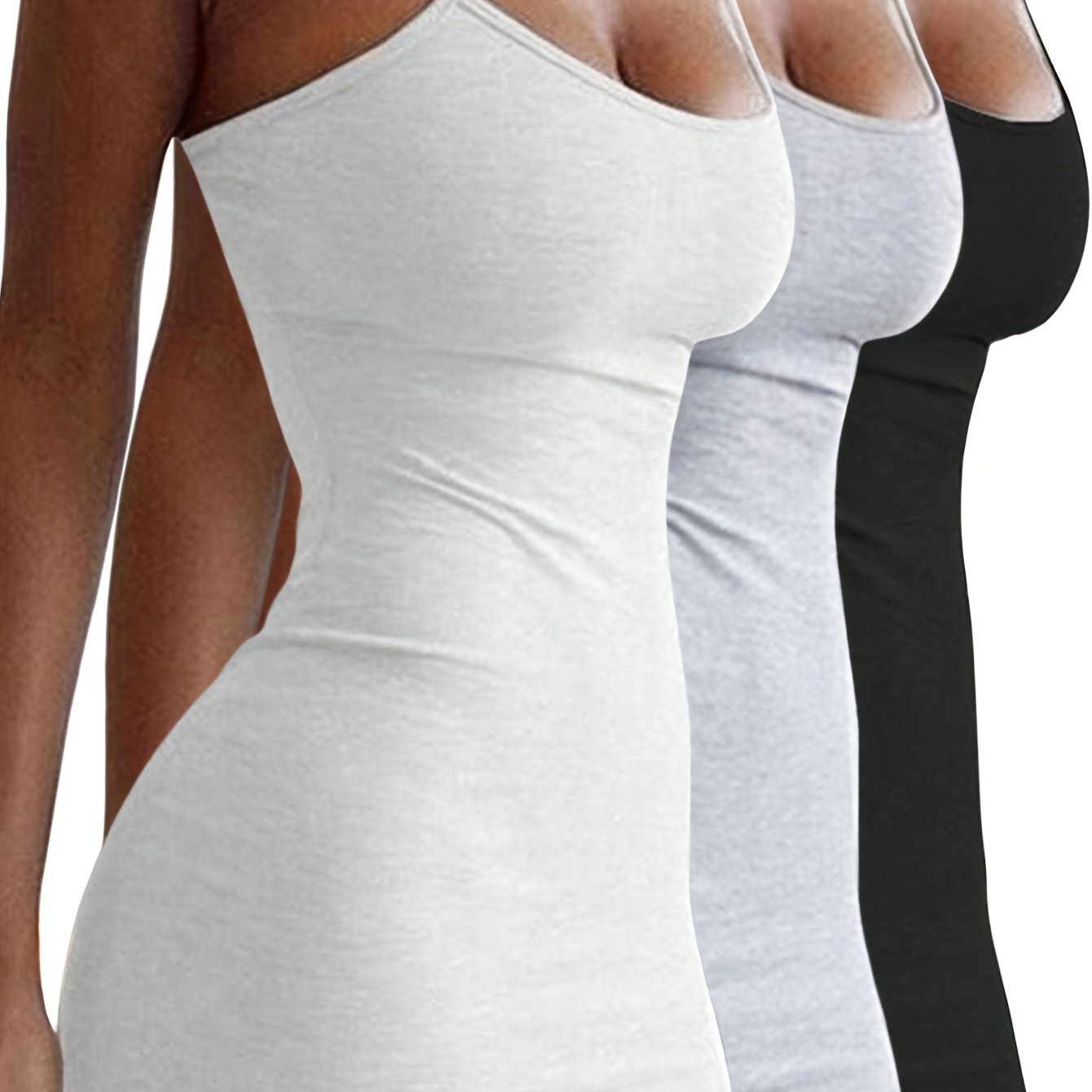 TEMU Spring/summer 3pcs Casual Base Layer Set, Simple And Elegant, In Black, White, And Gray, For Daily Wear, Suitable For Shopping, Dating, Parties, And Festive Spaghetti Strap Mini Dresses