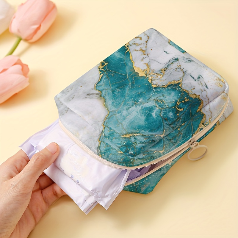 

Portable Marble Pattern Sanitary Napkin Storage Bag, Cosmetic Organizer Pouch, Lightweight Multi-functional Polyester Accessory Case With Zipper