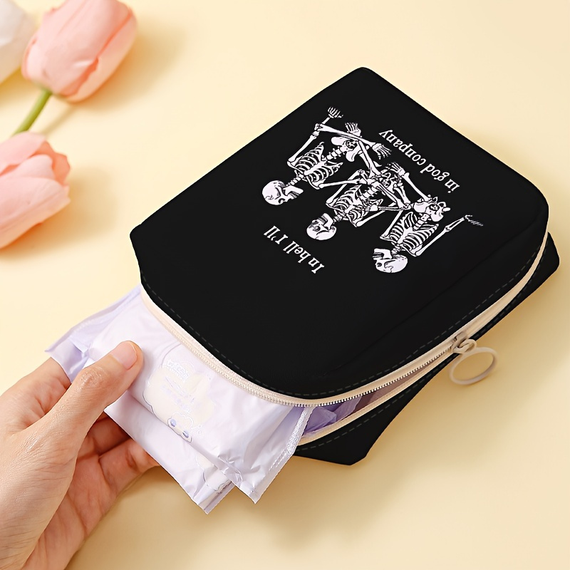 

Travel Cosmetic Bag With Skull Print, Portable Menstrual Pad Organizer, Multi-function Storage Pouch For Candies & Sundries