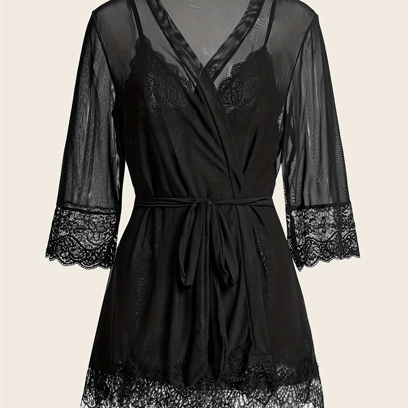 

Lace Mesh Pajama Set, Half Sleeve Robe & Deep V Backless Slip Dress, Women's Sleepwear & Loungewear