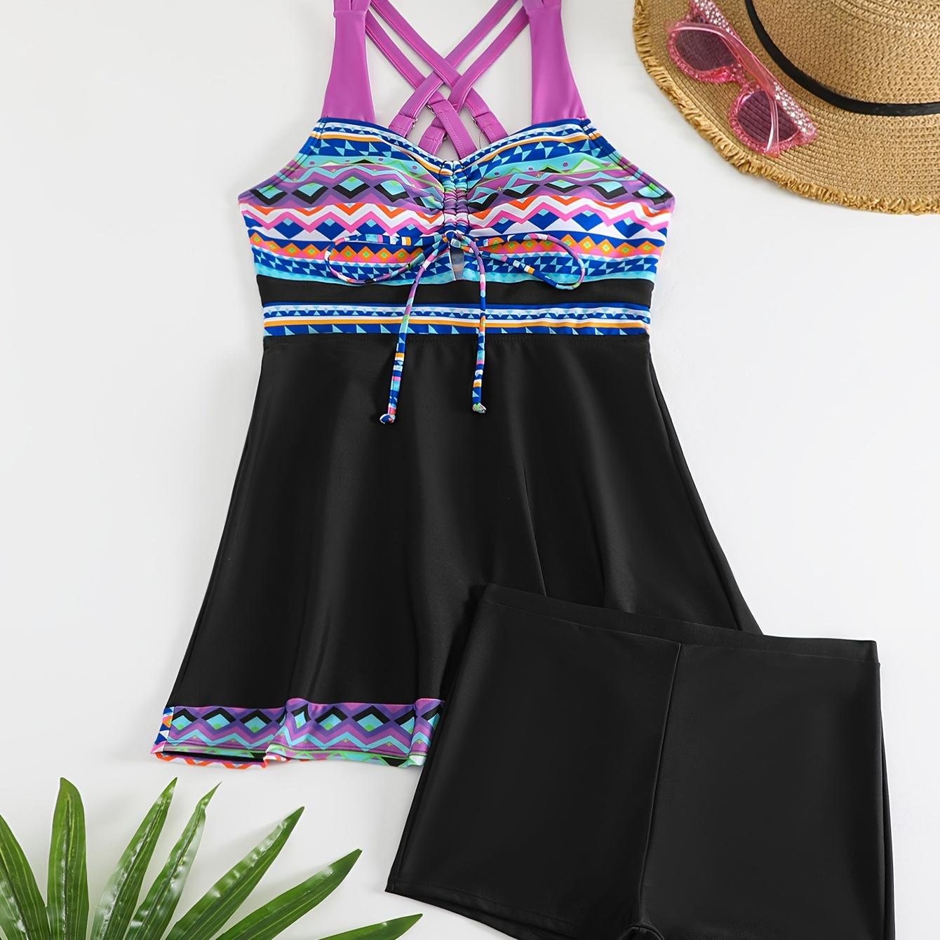 

Geometric Print Tie Front Criss Cross 2 Piece Set Tankini For Beach Bathing Pool, Wide Strap High Stretch Skirted Tank Top & Solid Black Boxer Shorts Bottoms, Women's Swimwear & Clothing
