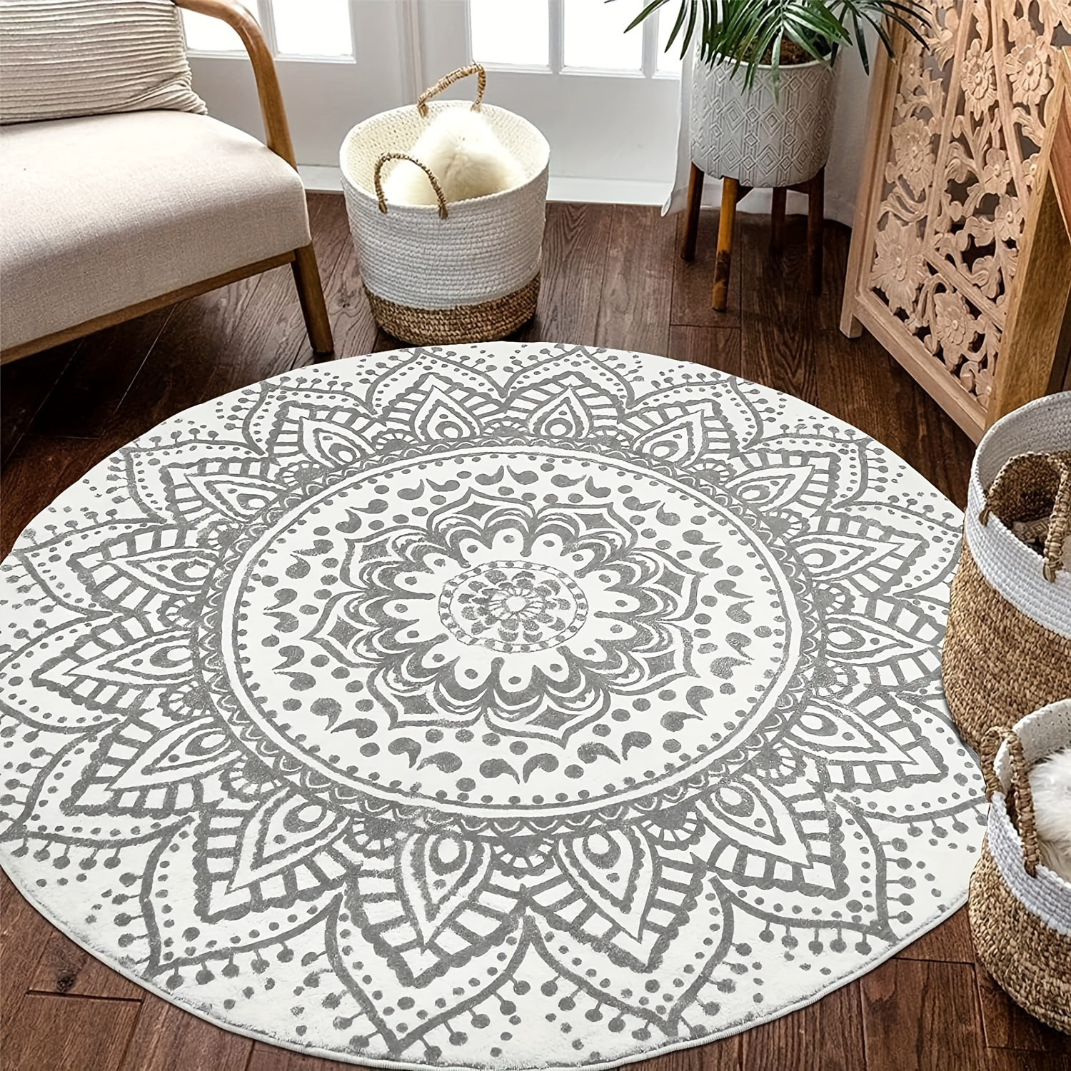 

1pc, Round Carpet Soft Bohemian Flower Carpet Rug, Machine Washable Non-slip Indoor Carpet, Living Room Sofa Bedroom Home Decorative Carpet