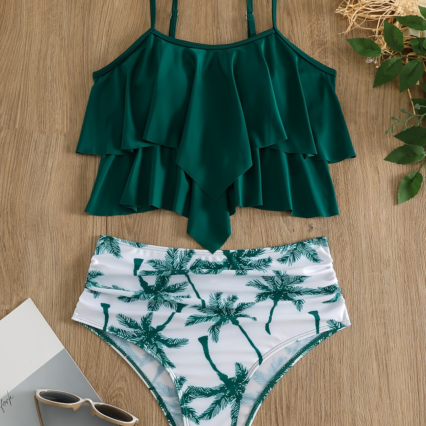 

Tiered Layer Ruffle Coconut Tree Print 2 One-piece Swimsuit, Green Ruched High Waist Tummy Control Bathing Suits, Women's Swimwear & Clothing