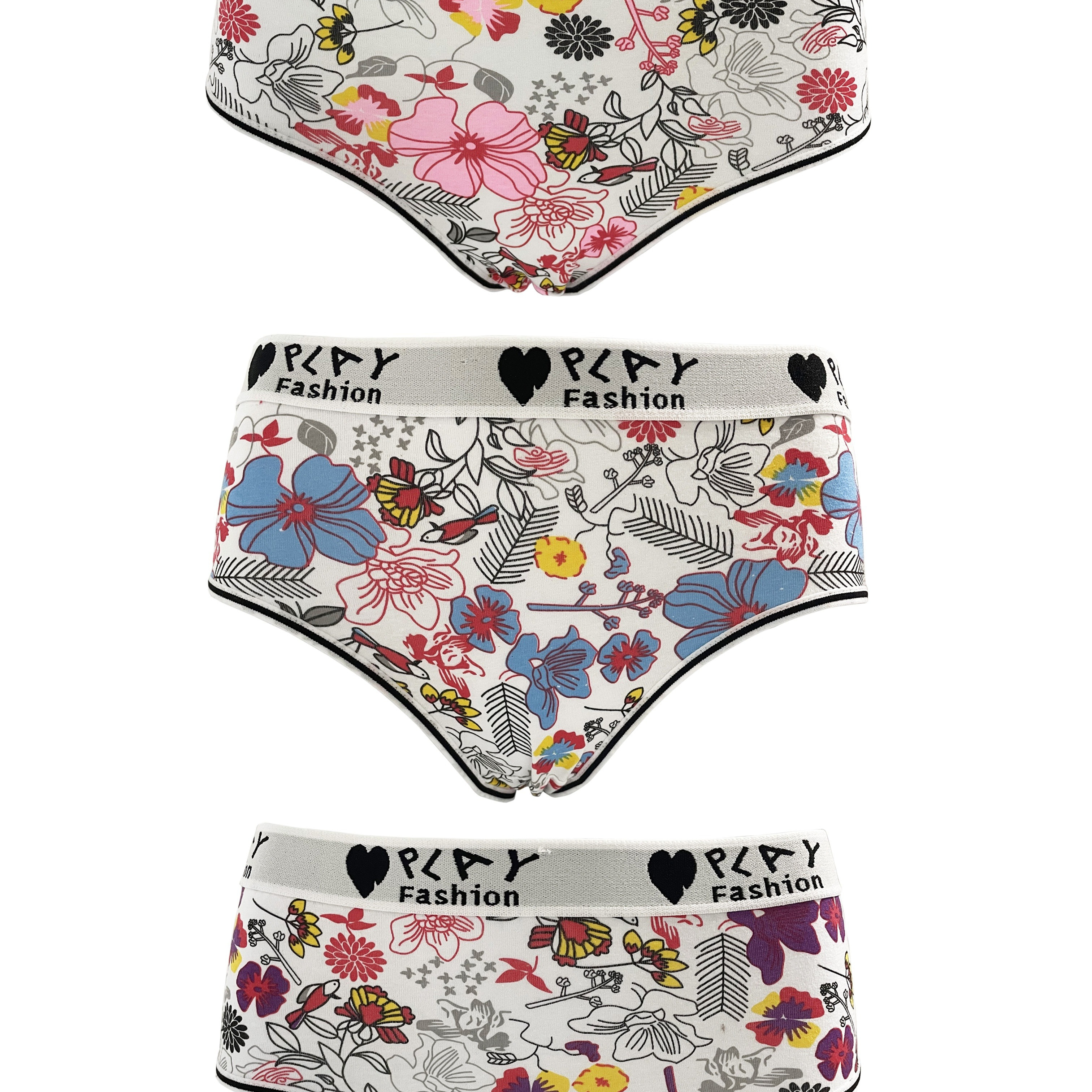 

3pcs Floral Print Letter & Heart Decor Briefs, Comfy Breathable Stretchy Cotton Intimates Panties, Women's Lingerie & Underwear