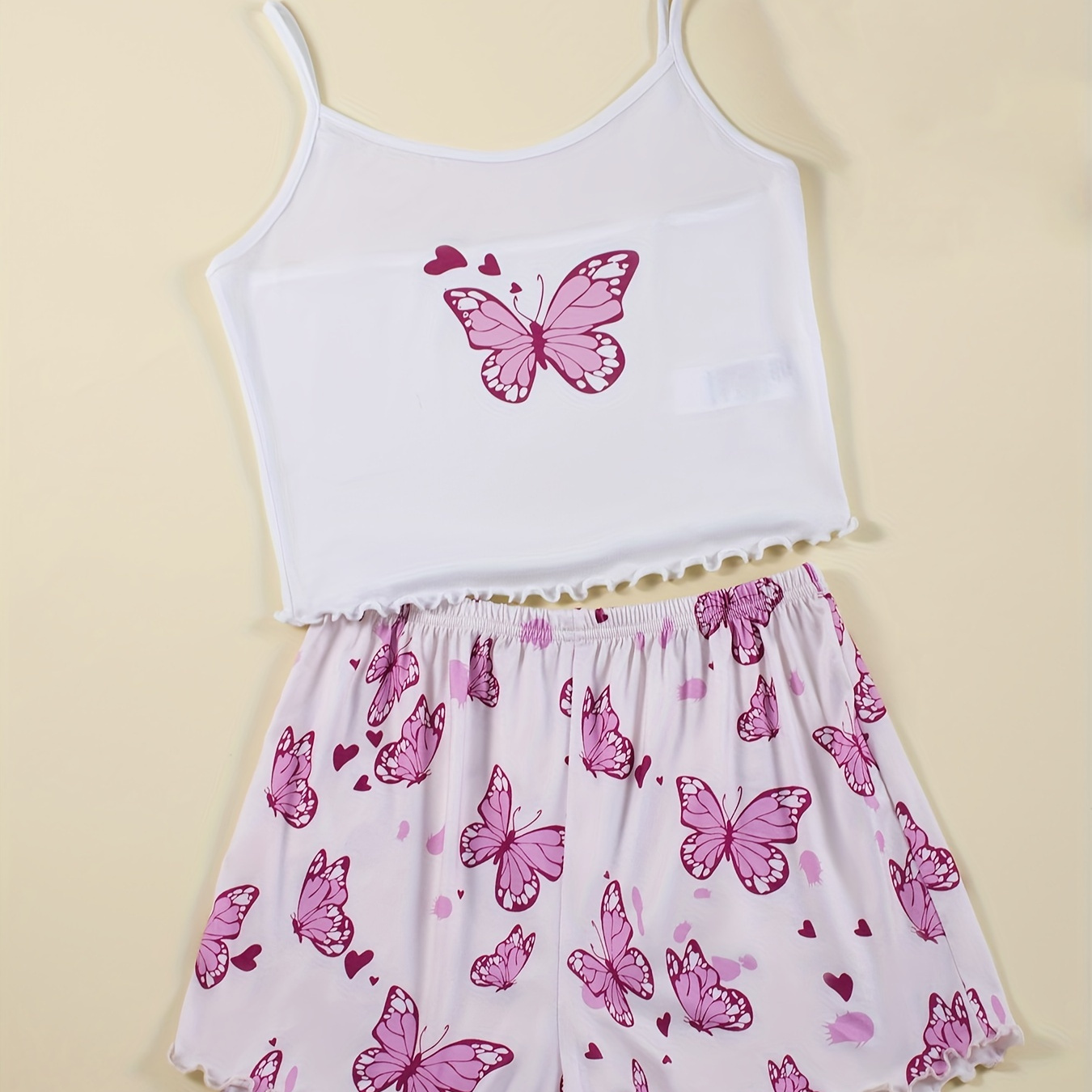 Butterfly Print Pajama Set Lettuce Trim Cami Top Elastic - Temu