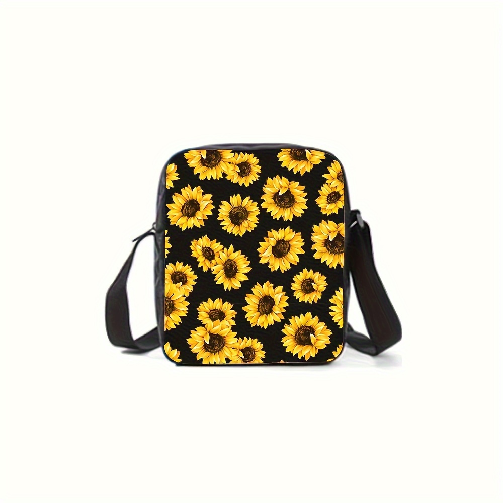 

Chic Sunflower Print Crossbody Bag With Adjustable Strap - Polyester, Zipper Closure, Work, School, Travel & Daily Use