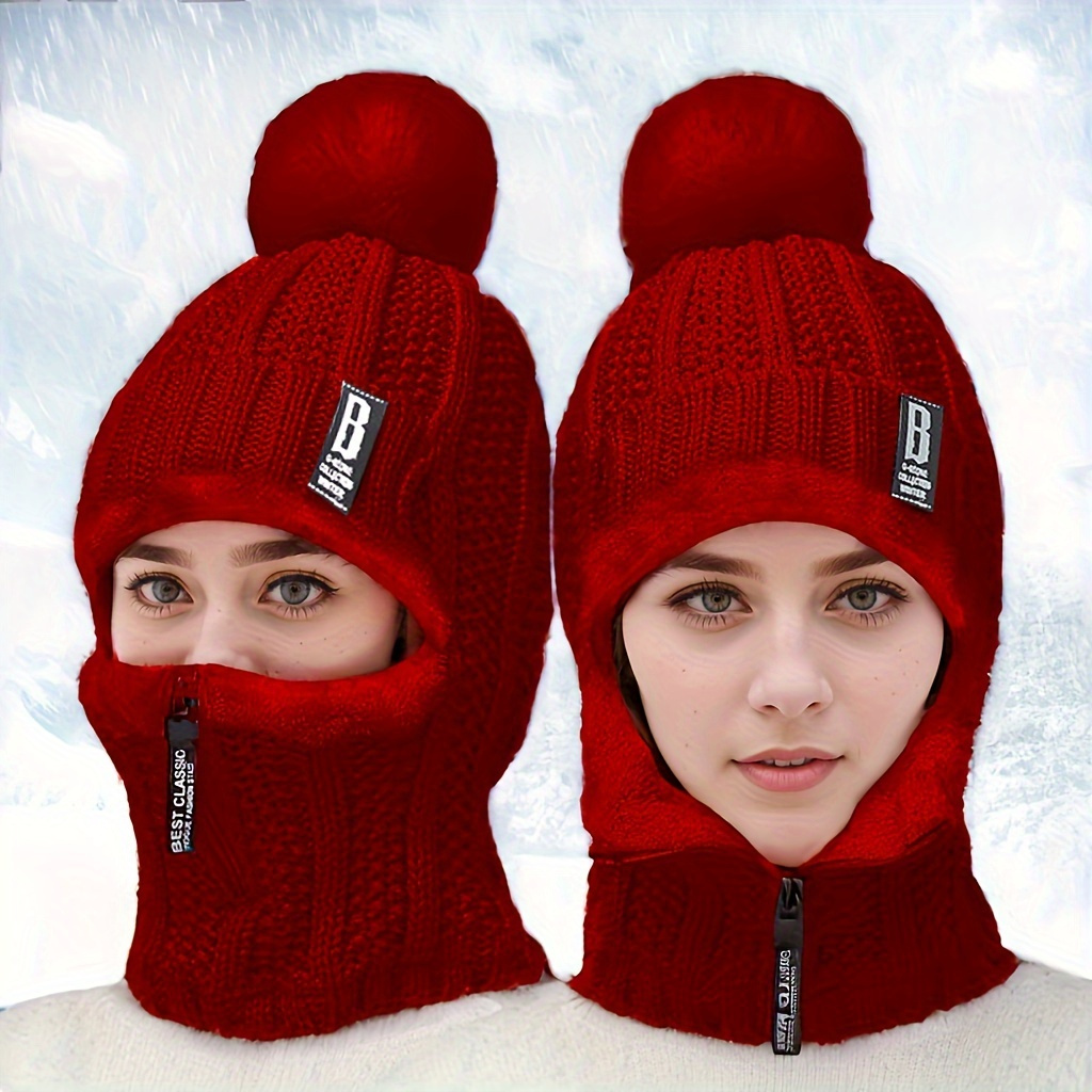 

Women's Knitted Winter Beanie With Ear Flaps, Polyester Stretchy Warm Hat, Christmas Themed, Hand Wash Only, Korean Style, Zippered Neck Scarf, Cozy Knit Cap For Ladies