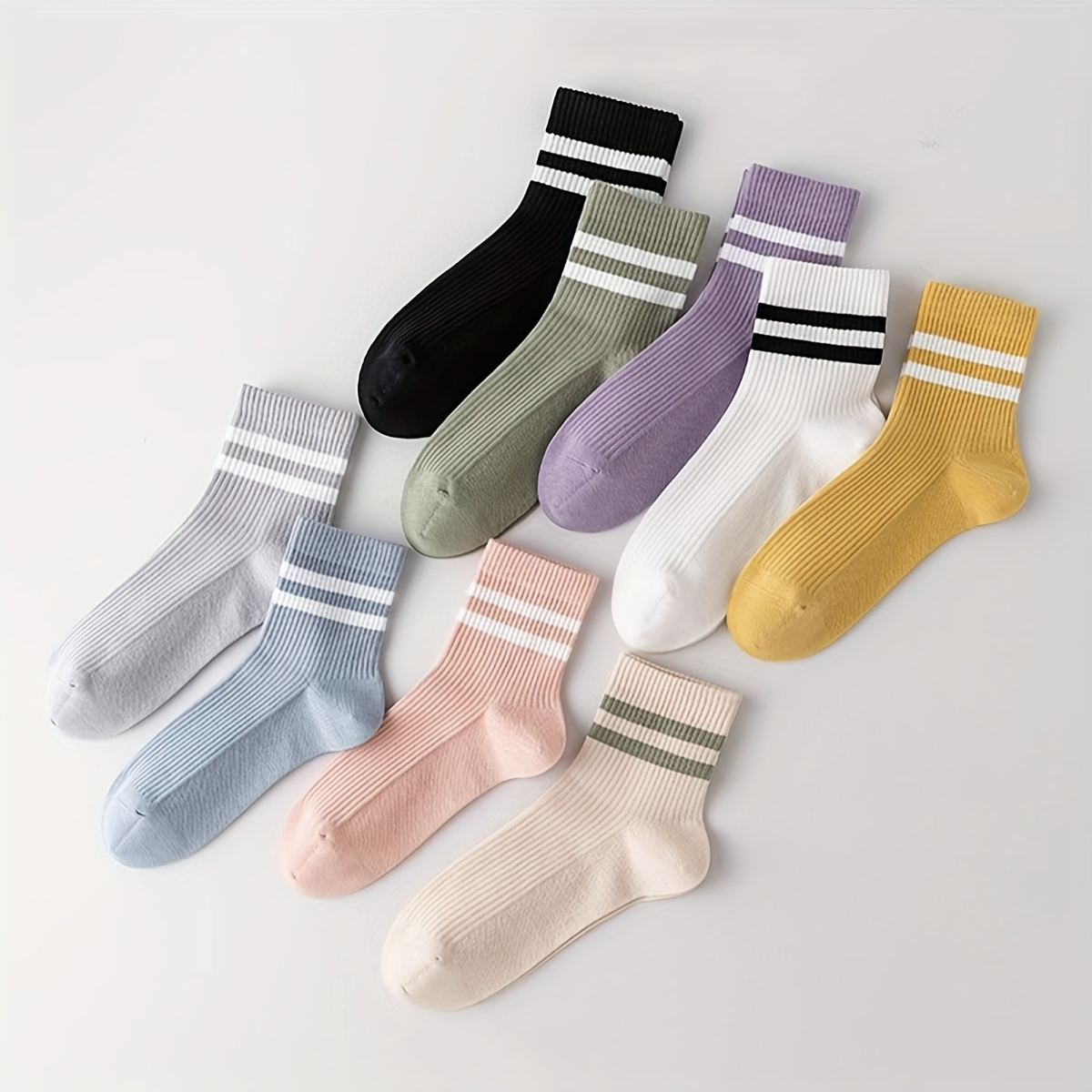 

5/9 Pairs Stripe Print Socks, Simple & Comfy Ribbed Short Socks, Women's Stockings & Hosiery