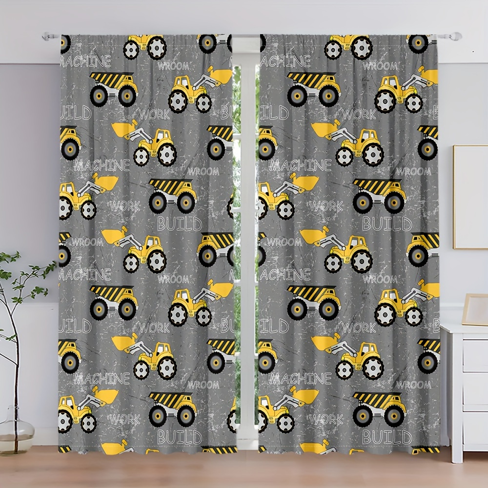 

2pcs Set Cartoon Construction Vehicle Print Curtains - Rod , Fade-resistant Polyester For Living Room, Kitchen, Bedroom & Study Decor