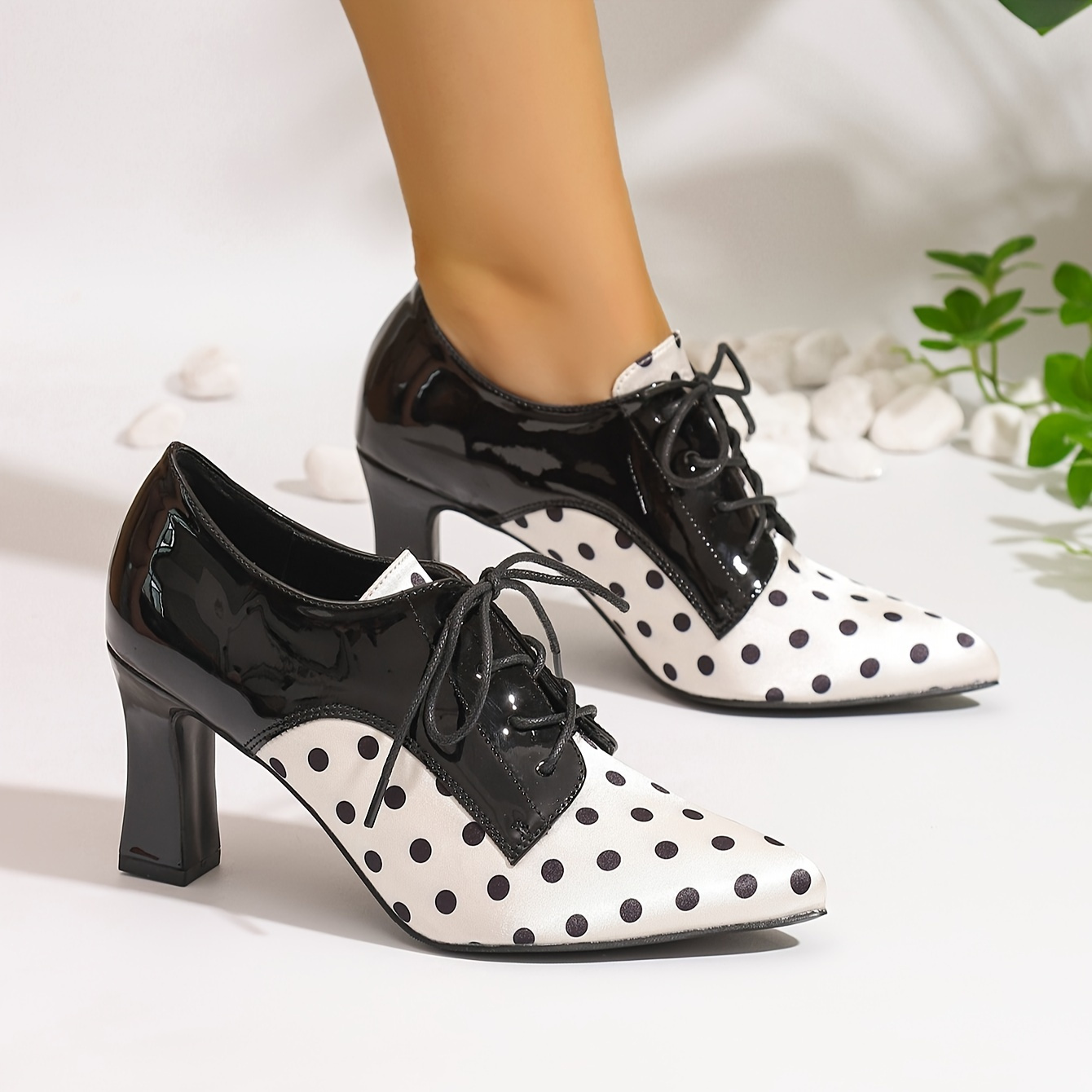 

Chic Polka Dot Lace-up Ankle Boots For Women - Comfortable Chunky Heel, Pointed Toe, Slip-on Style With Faux Cover Upper & - Work & Casual Wear