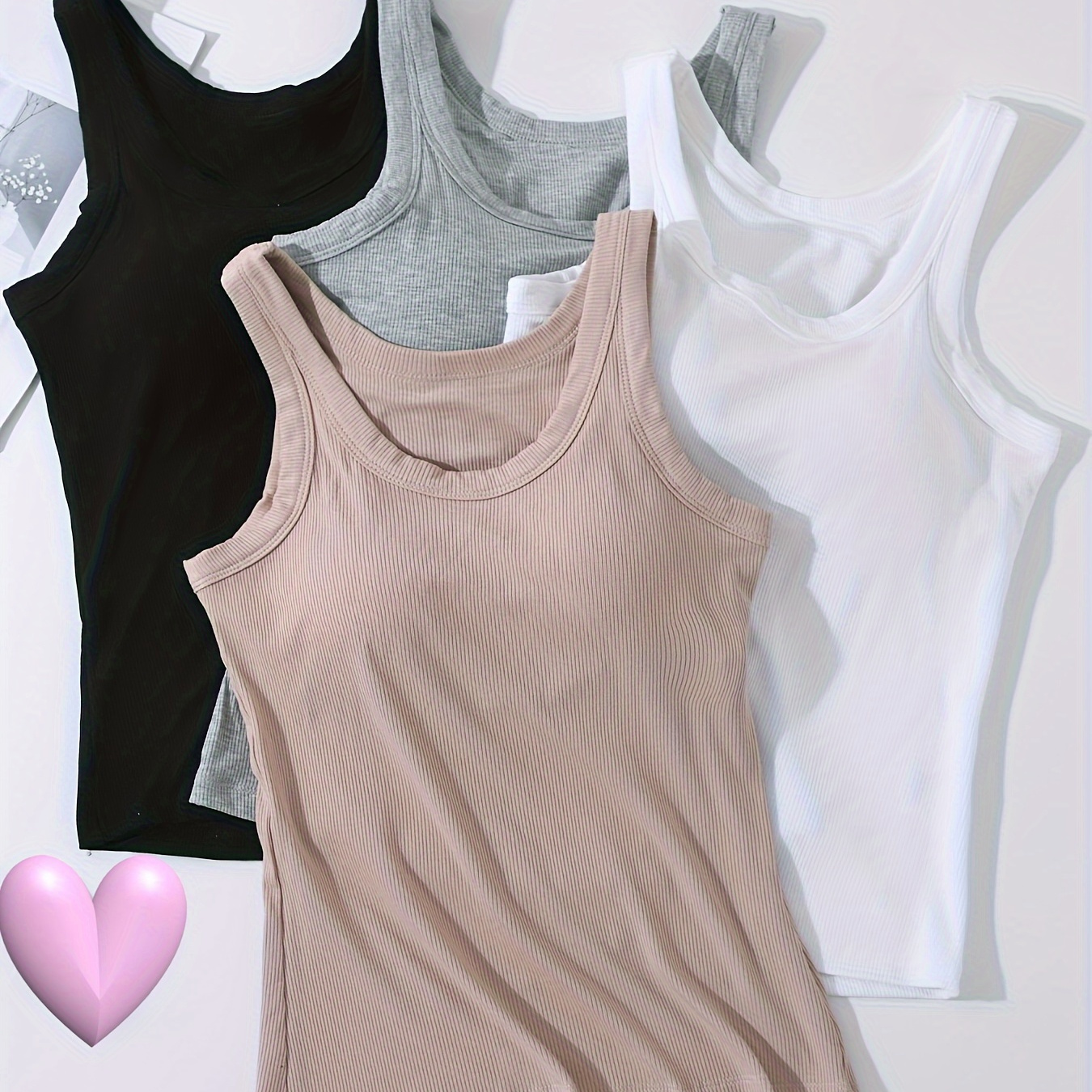 

4pcs Solid Seamless Ribbed Vest Top, Elegant With Padding Cami Top, Women's Lingerie & Underwear