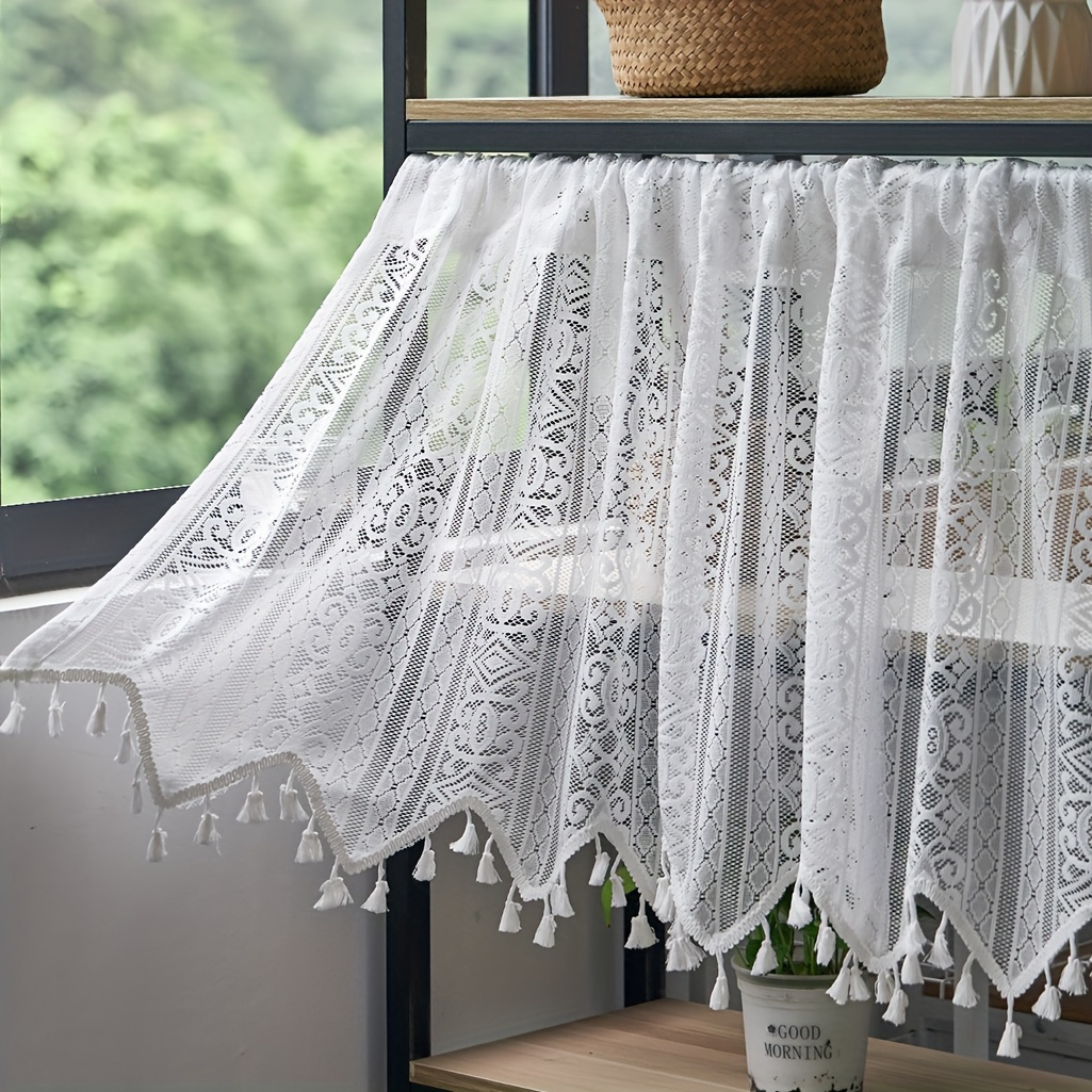 

Geometric Pattern Lace Tassel Cafe Curtain Tiers - Polyester Woven Semi-sheer Rod Pocket Kitchen Window Curtains With Thermal Insulated , Hand Wash Only - & Uncorded