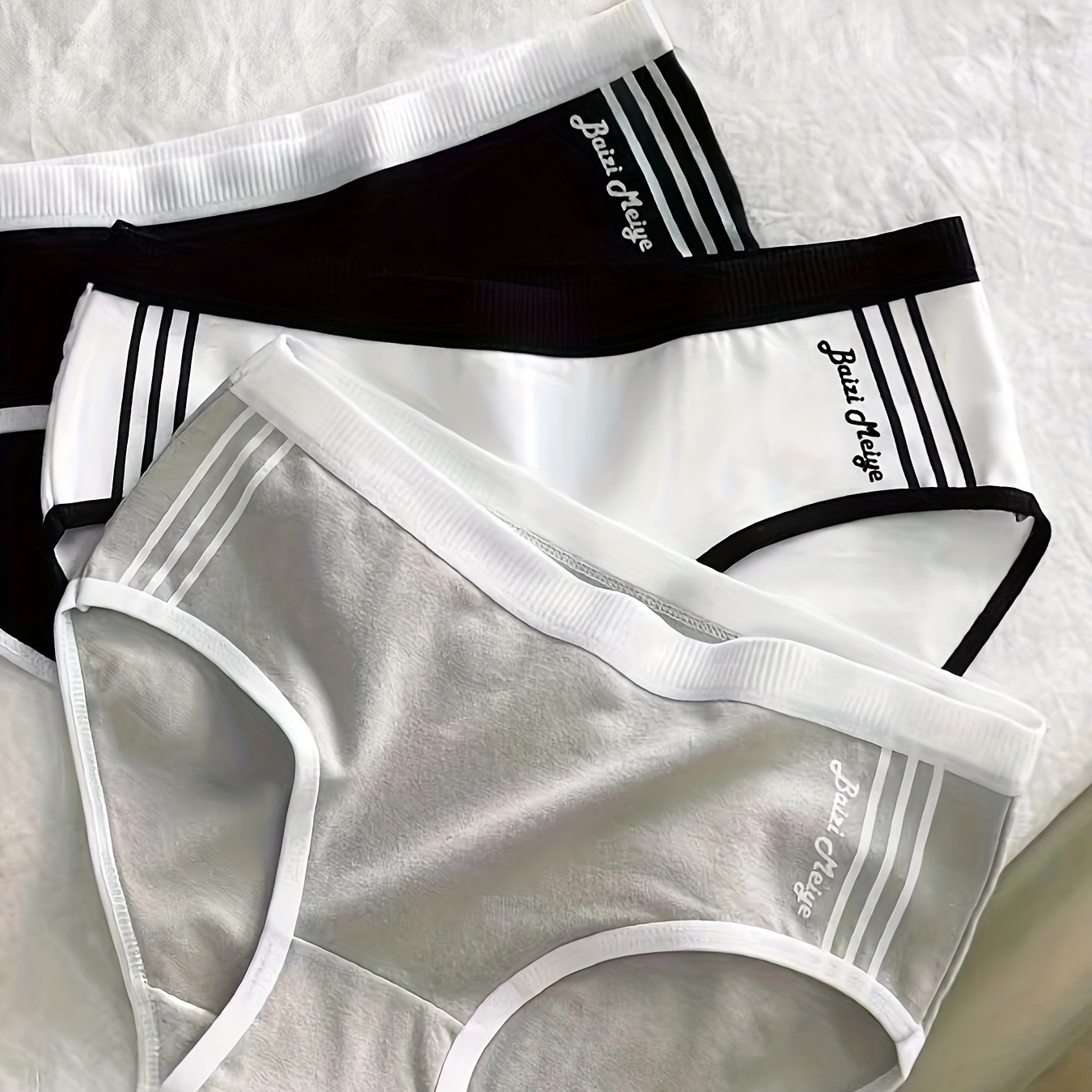 

3pcs Stripes Letter Print Briefs, Cute Comfy Breathable Stretchy Intimates Panties, Women's Lingerie & Underwear