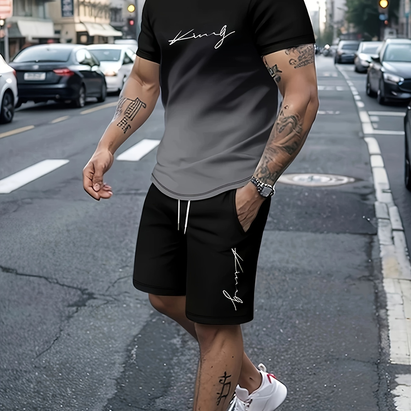 

2-piece "king" Alphabet Print Men's Gradient Summer Outfit Set, Men's Short Sleeve Crew Neck T-shirt & Elastic Waist Shorts With Pockets