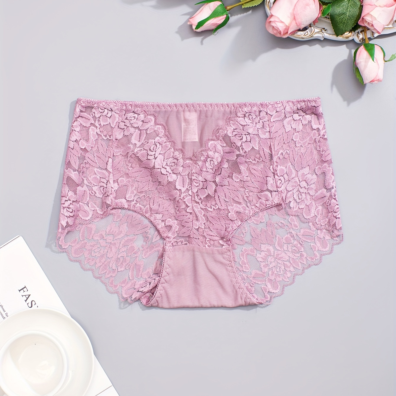 

Contrast Lace Semi Sheer Sexy Panties Plus Size, Women's Plus Chinese New Year Elegant High Stretch Panties