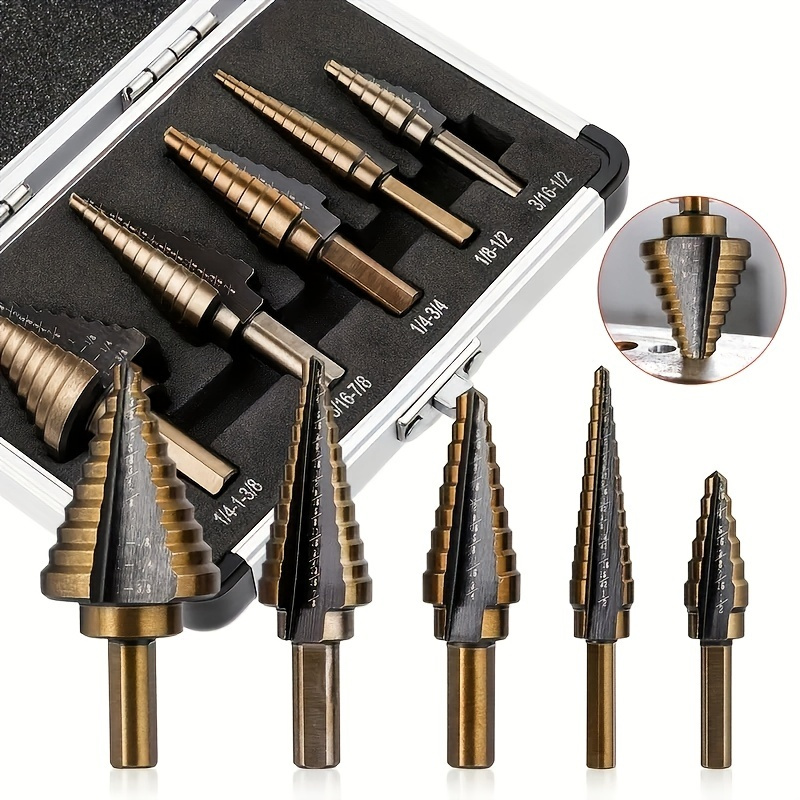 

5-piece Cobalt Step Drill Bit Set - 50 Sizes, Titanium Conical Cone Drill Hole Cutter, Aluminum Case