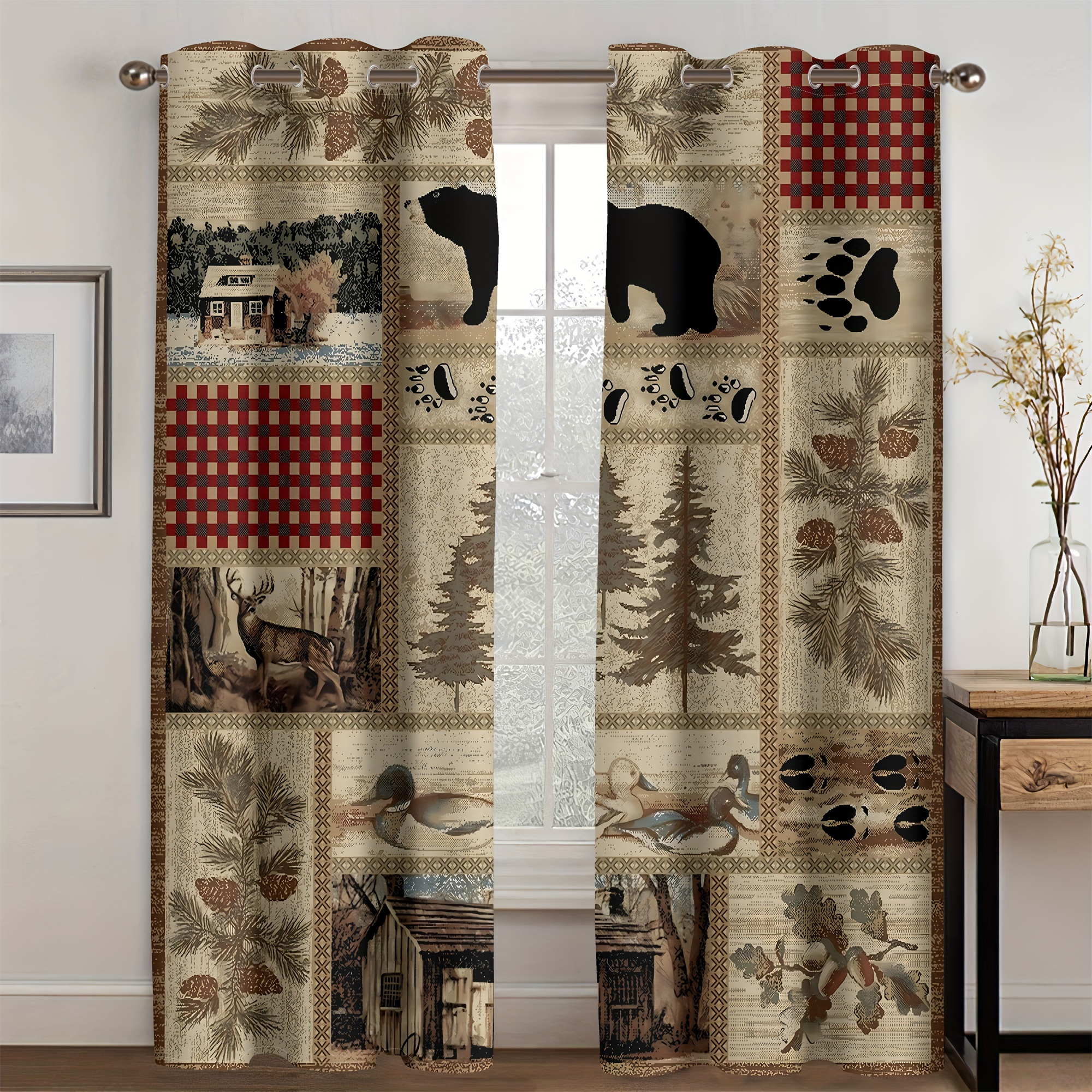 

2pcs, Vintage Country Curtains Bear Pine Duck Elk Nature Room Bedroom Vintage Country Curtains Printed Curtains, Digital Printed Living Room Curtains, Curtain Living Room Furniture Decoration