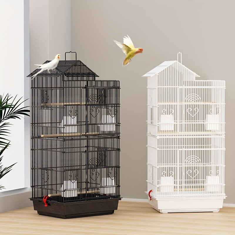 

Sturdy Black Metal Bird Cage With Roof - Ideal For Species, Essential Bird Supplies