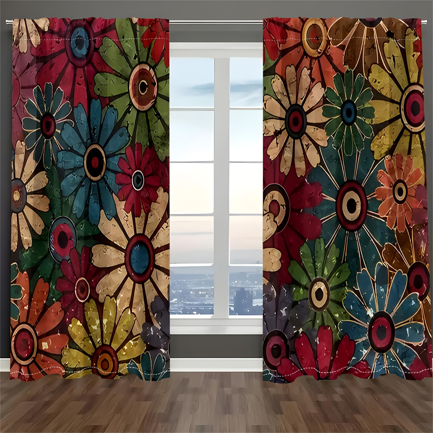 

2pcs Set Vintage Floral Sheer Curtains - , Rod For Privacy & Decor In Living Room And Bedroom