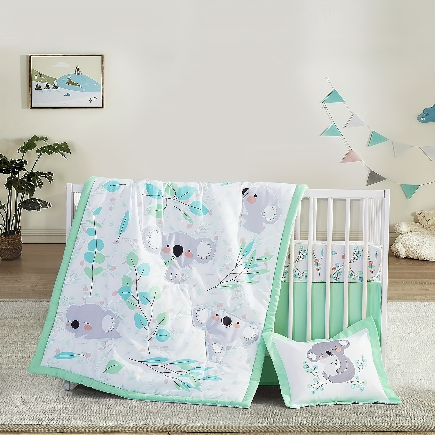 

4pcs/set Neutral Crib Bedding Set For Girls And Boys - Baby Crib Set Green Koala | Crib Sheet, Crib Quilt, Crib Skirt And Pillow Cover Included